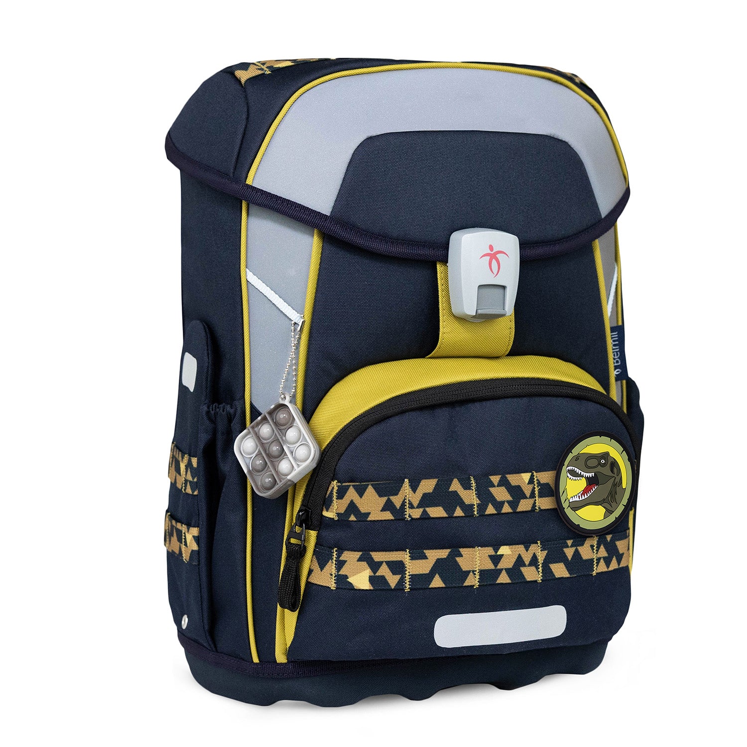 Image displaying the reflective elements on the Premium Belmil School Bag Set for Boys – Maxi Plus "Explorer" schoolbag set + Dinosaur Raincoat - 7-piece Set for safety during school commutes.