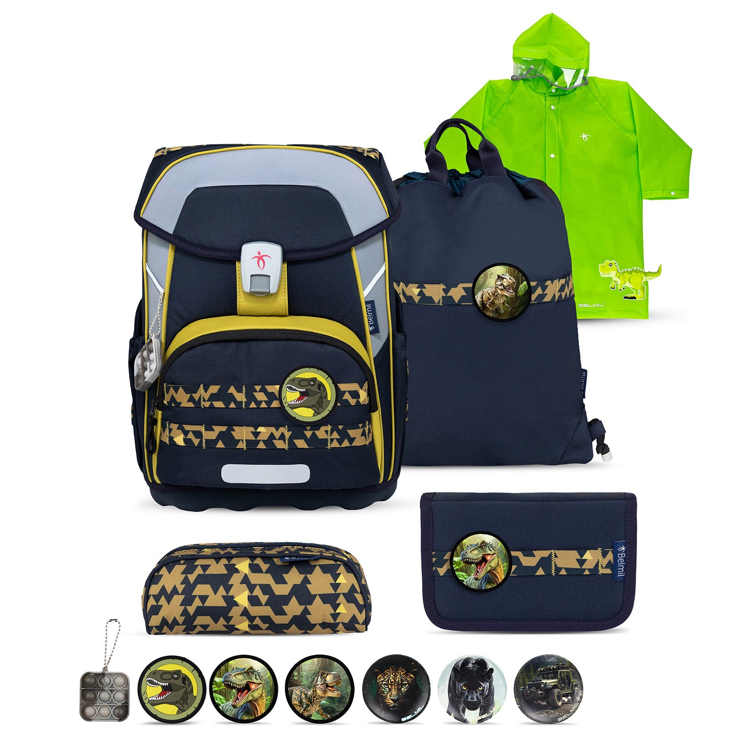 Premium Belmil School Bag Set for Boys – Maxi Plus "Explorer" schoolbag set + Dinosaur Raincoat - 7-piece Set showcasing height-adjustable back panel and ergonomic design.