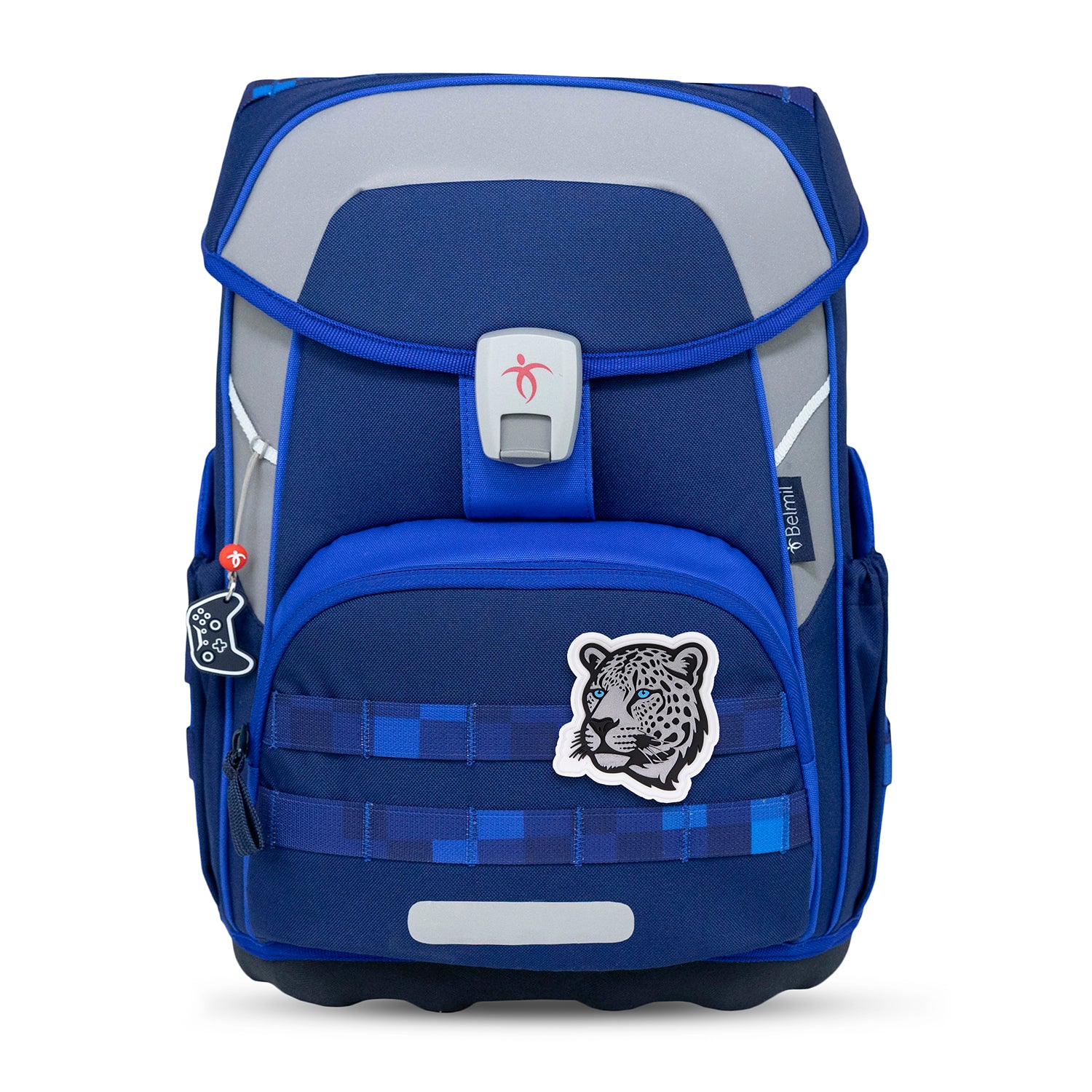 Detailed view of reflective elements on the Premium Belmil School Bag Set for Boys – Maxi Plus Pixel Storm schoolbag set 6 pcs for enhanced visibility.
