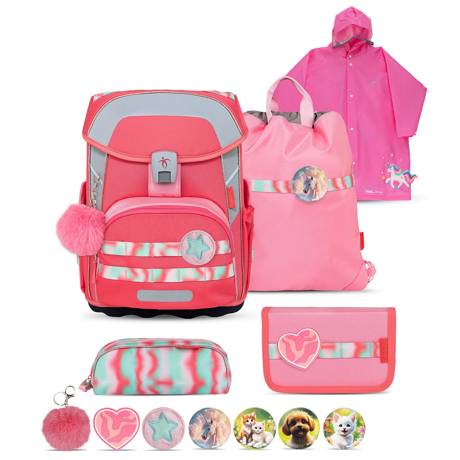 Premium Belmil School Bag Set for Girls – Maxi Plus Aurora schoolbag set + Unicorn Raincoat - 7-piece Set featuring a colorful and cheerful design perfect for kids.