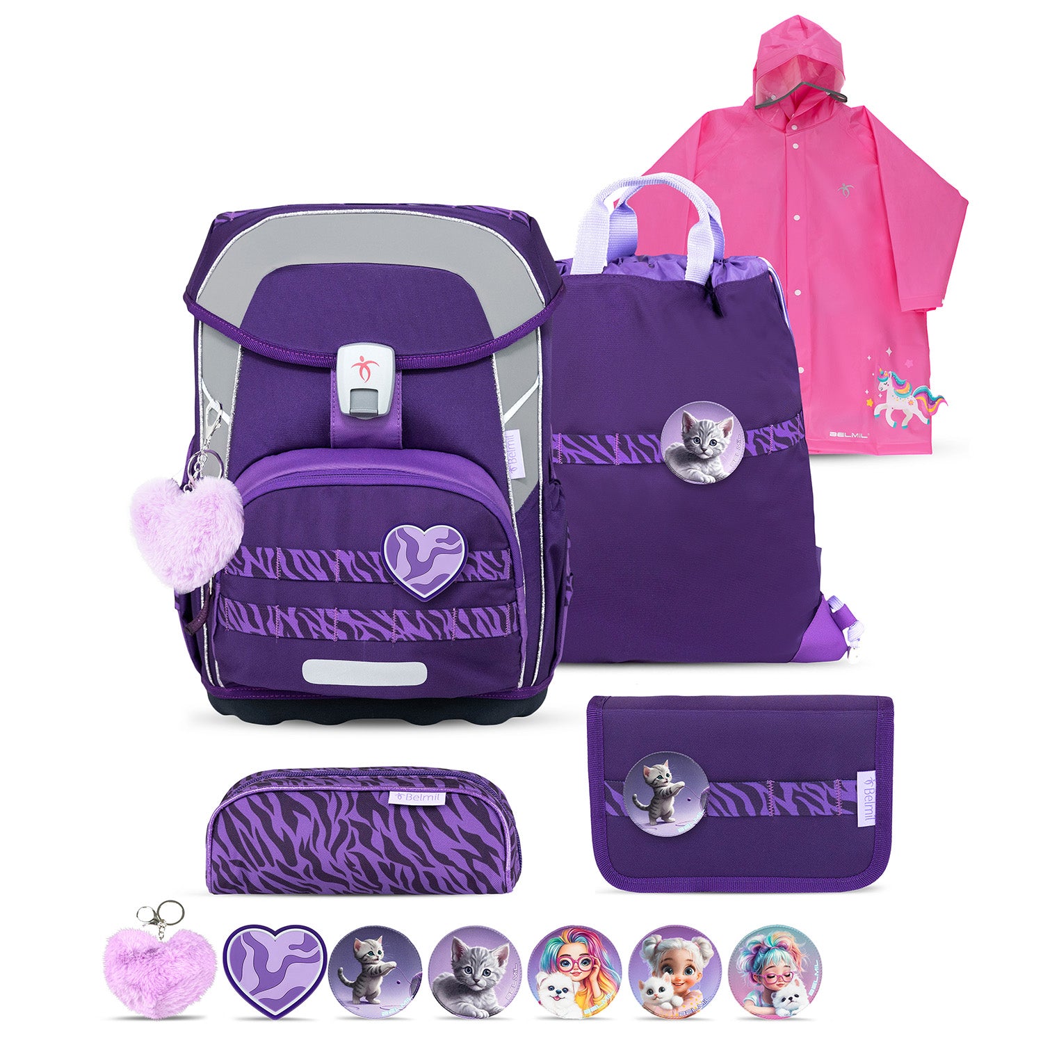 Premium Belmil School Bag Set for Girls – Maxi Plus "Twilight Charm" schoolbag set + Unicorn Raincoat - 7-piece Set showcasing the stylish backpack with vibrant purple and zebra stripe design.