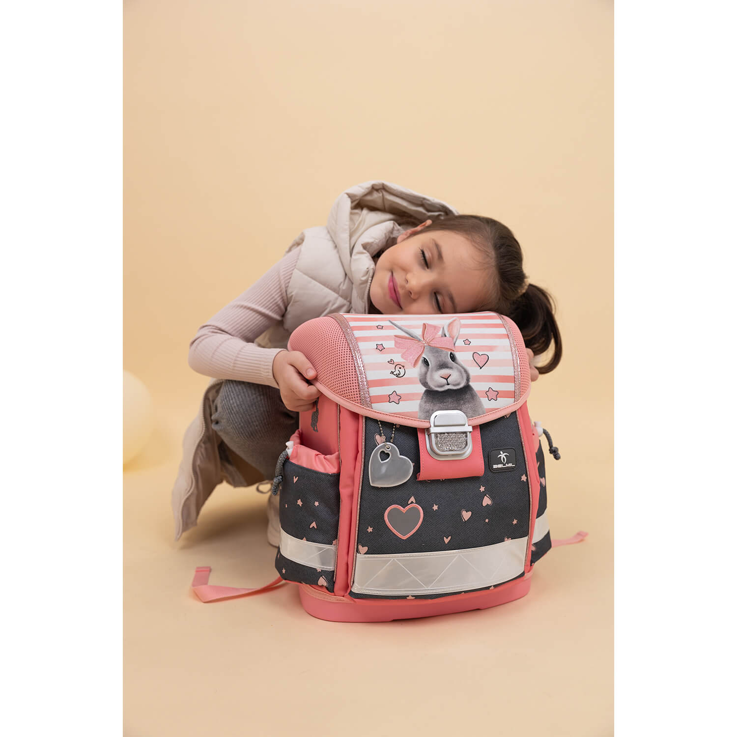 Close-up of the lightweight Ergonomic School Bag Set for Girls – Belmil Classy Little Bunnies (4 pcs), showcasing the padded shoulder straps for comfort.