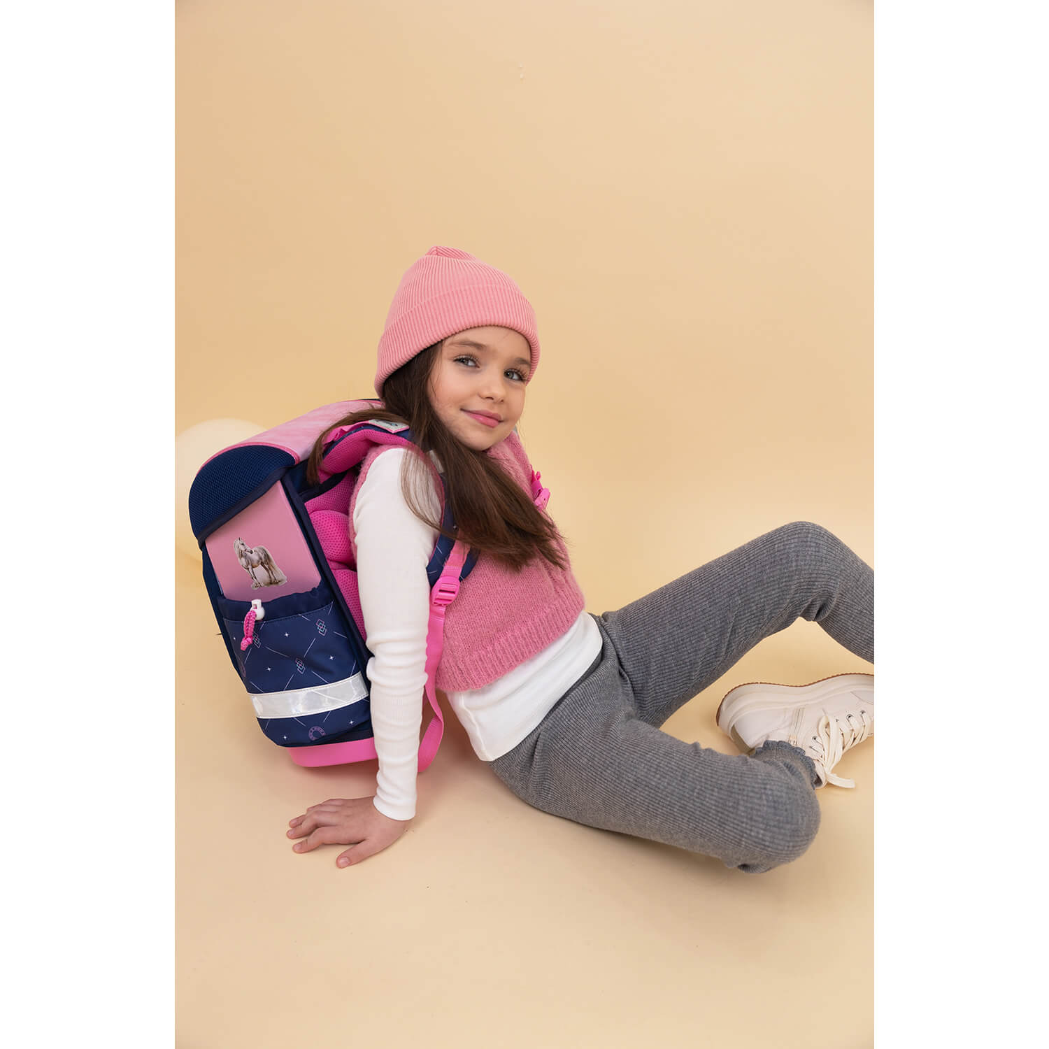 All components of the Belmil Ergonomic School Bag Set for Girls “Amazing Horse” Design + Unicorn Raincoat – 4-Piece Back-to-School Bundle including a gym bag and pencil cases.