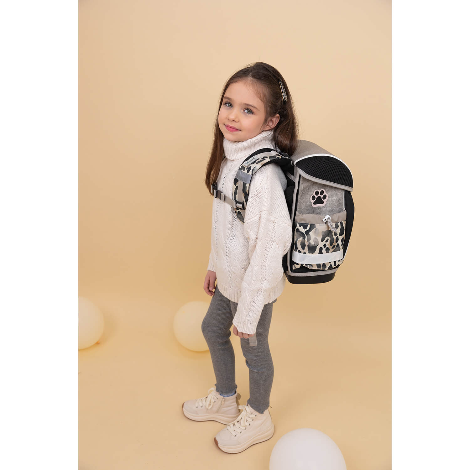 Detail of the ergonomic design in the Ergonomic School Bag Set for Girls – Belmil Classy Wild Cat (4 pcs), highlighting the padded shoulder straps and breathable back padding.