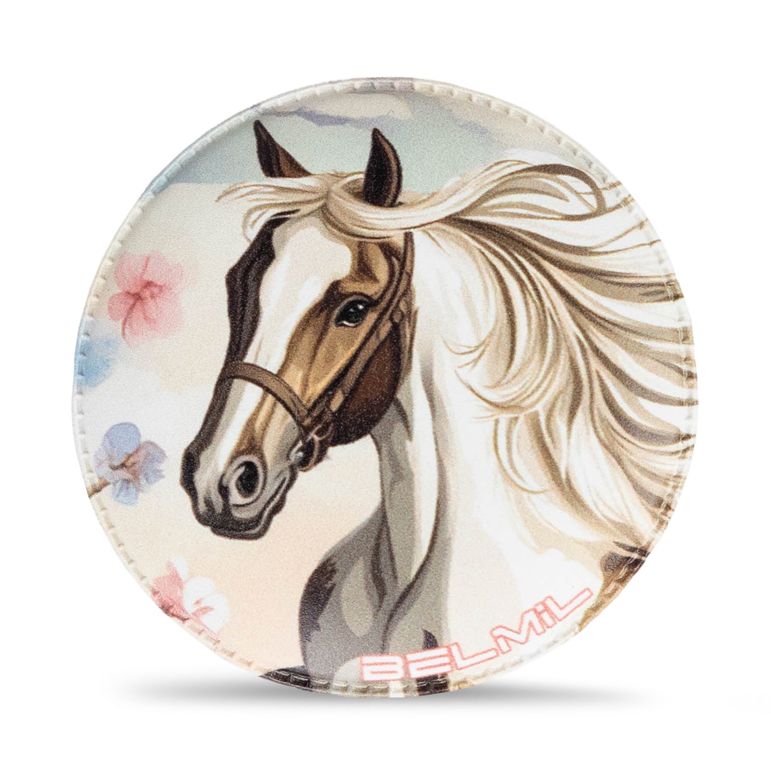 A colorful display of the Belmil Patch Set – 3-Piece Velcro Patches 'White Horses' featuring vibrant designs that add charm to any accessory.