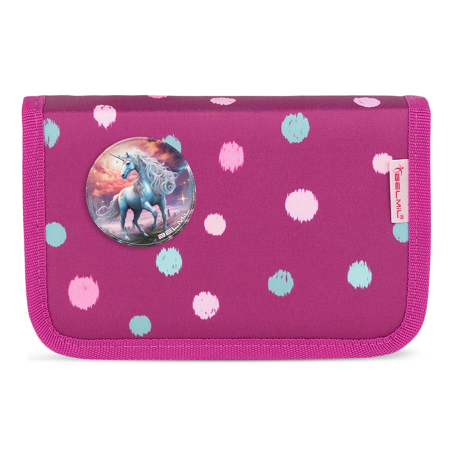 Included accessories with the Ergonomic School Bag Set for Girls – Belmil Maxi Starry Bubbles School Bag Set 5 pcs, featuring the pencil case, pouch, and patches.