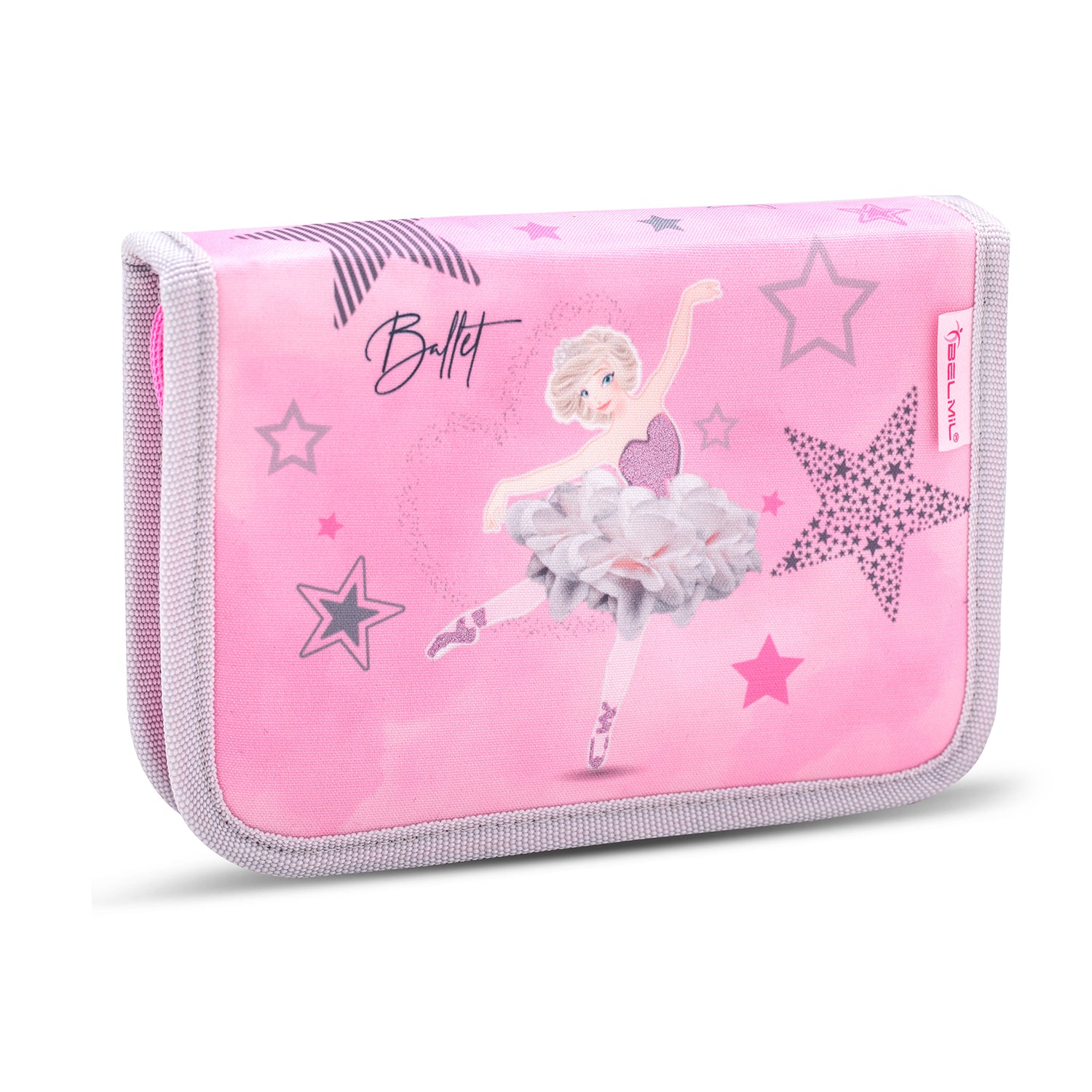 Everything included in the Belmil Classy Ergonomic School Bag Set for Girls “Ballet Light Pink” Design + Unicorn Raincoat – 5-Piece Back-to-School Bundle featuring two pencil cases and a gym bag.