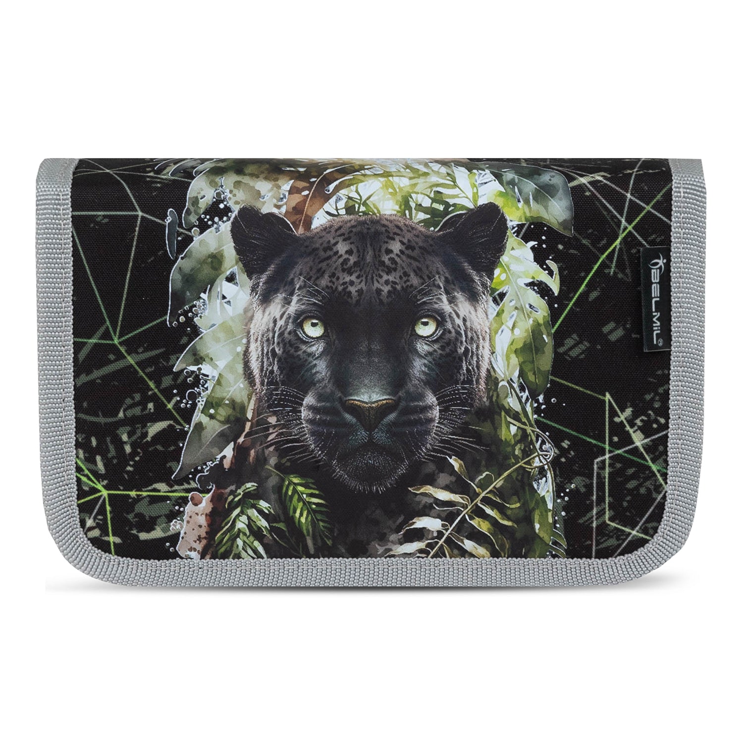 The Belmil Mini-Fit Ergonomic School Bag Set 'Black Panther' displayed against a backdrop that highlights its adventurous black and neon green design.