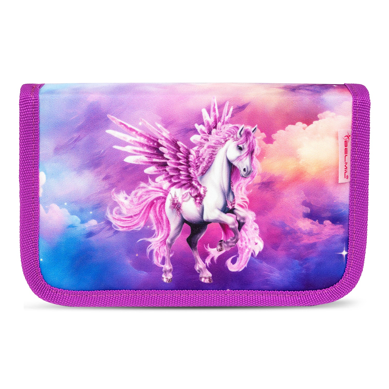 The side pockets of the Belmil Classy Ergonomic School Bag Set for Girls “Pegasus” Design + Unicorn Raincoat – 5-Piece Back-to-School Bundle, perfect for storing lunch or water bottles.