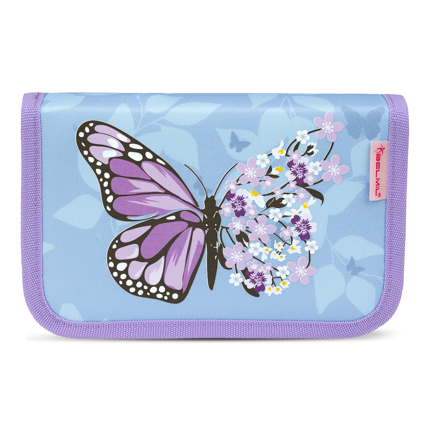 Cute purple butterfly design on the Belmil Mini-Fit Ergonomic School Bag Set “Purple Blue Butterfly” that appeals to young girls.