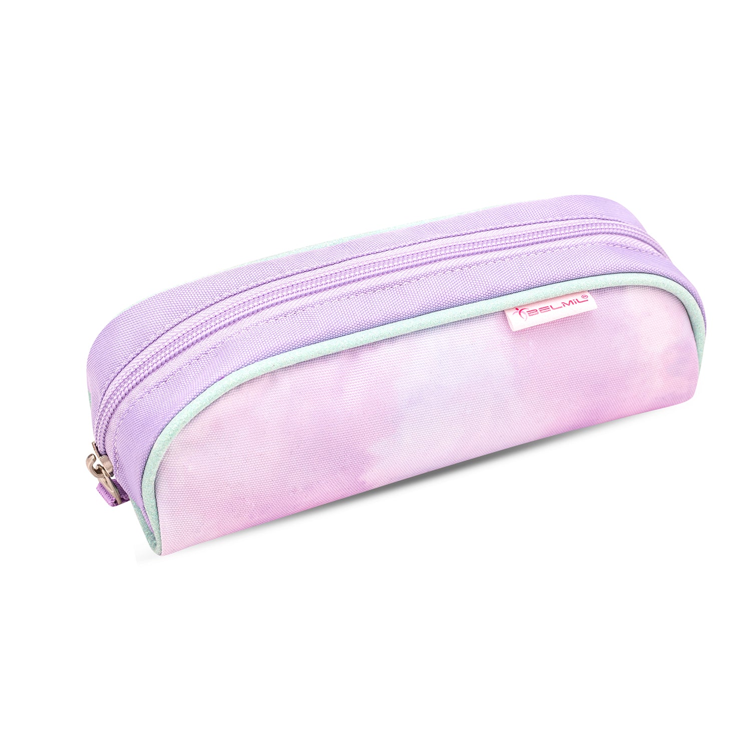 Complete 5-Piece Belmil Compact Ergonomic School Bag Set “Rainbow Unicorn Magic” Design with all accessories laid out.