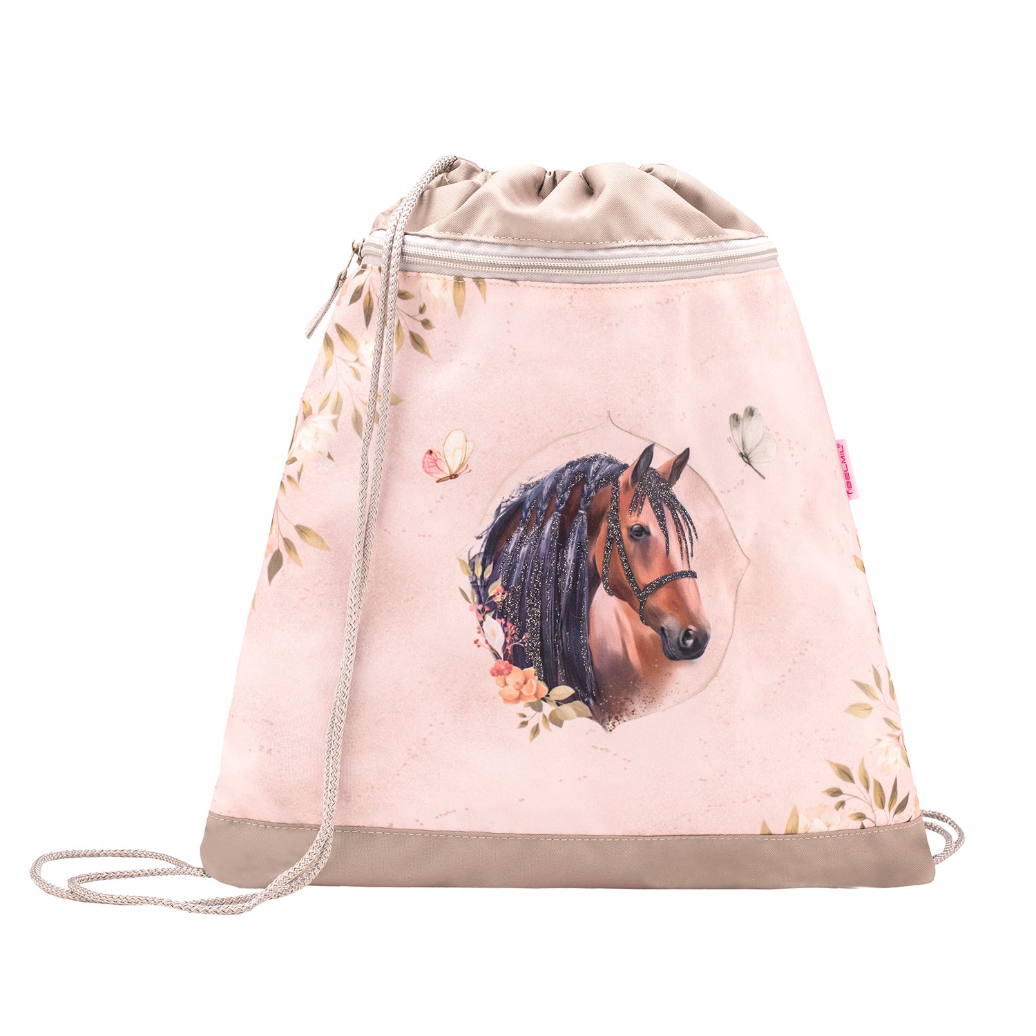 The back of the Belmil Mini-Fit Ergonomic School Bag Set 'Horse Chestnut' with reflective elements, part of the 5-Piece Compact and Comfortable School Starter Set for Girls.