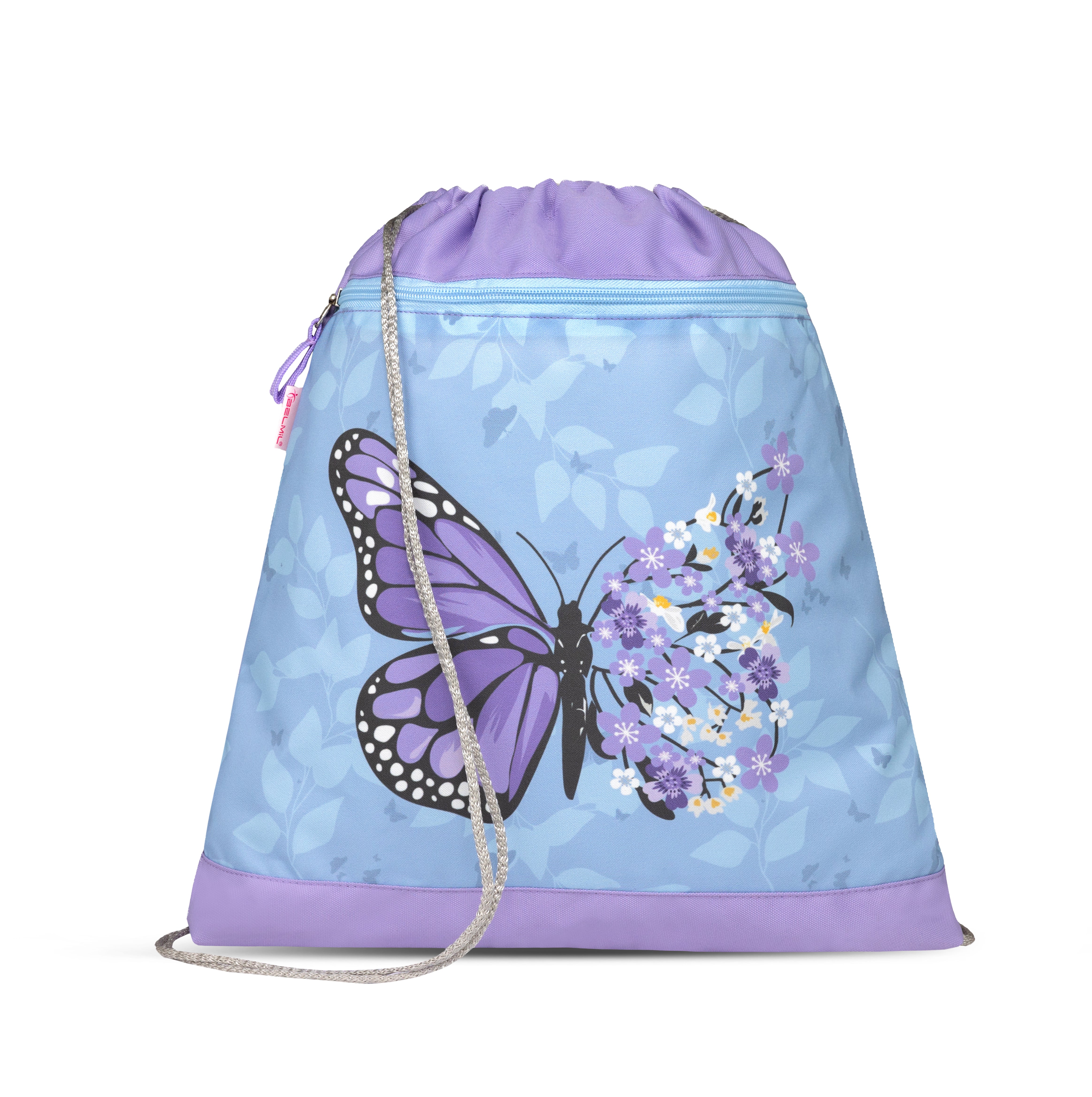 Back view of the Belmil Classy Ergonomic School Bag Set for Girls “Purple Blue Butterfly” Design + Unicorn Raincoat – 4-Piece Back-to-School Bundle showing adjustable straps.