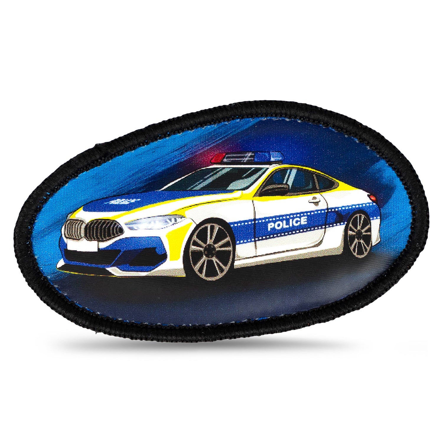 Close-up of Belmil Patch Set – 3-Piece Velcro Patches representing dynamic police action graphics, perfect for customizing bags.