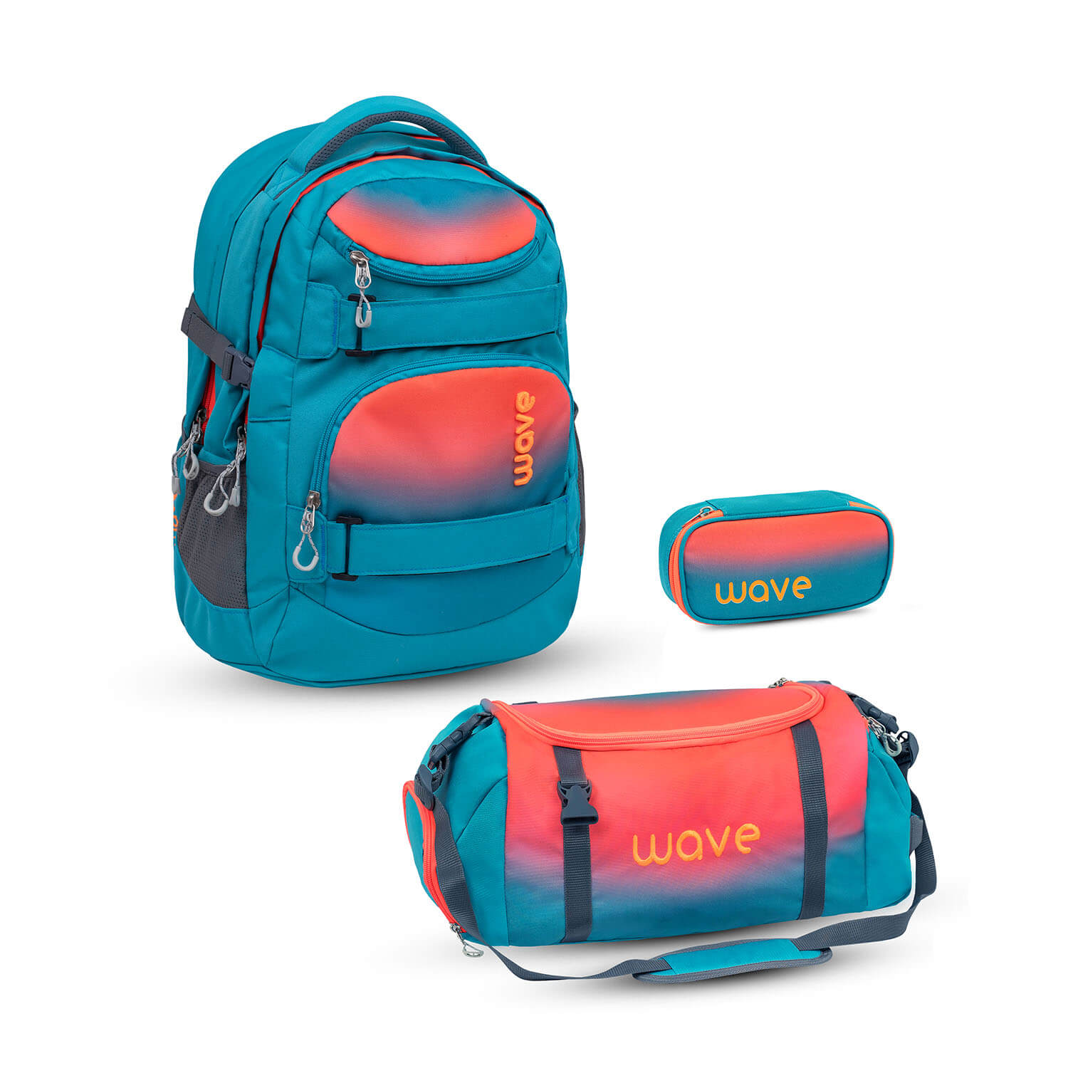 Wave Infinity Ombre Neon Orange And Bluebird school backpack Set 3 Pcs