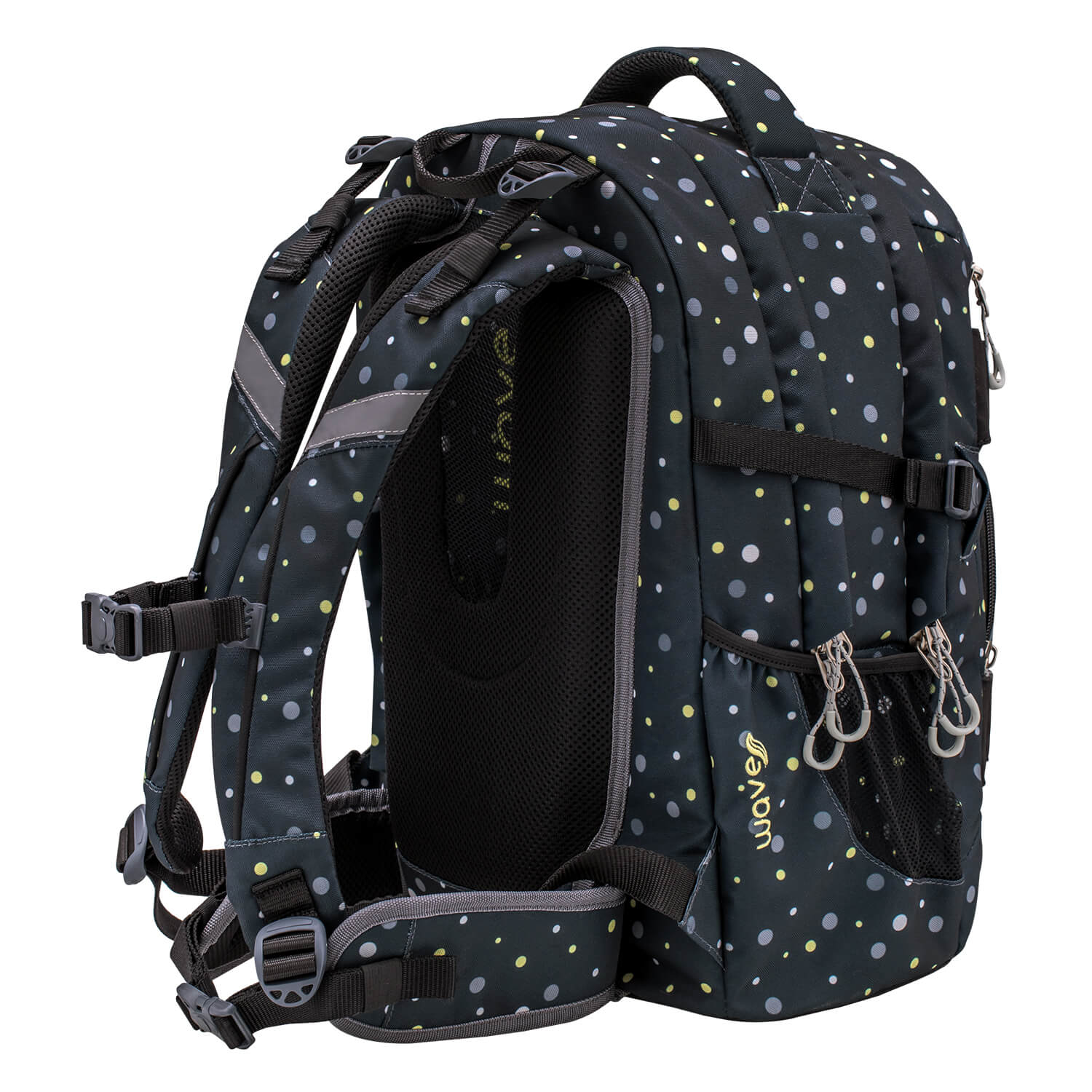 Wave Infinity Black And Yellow Dots school backpack