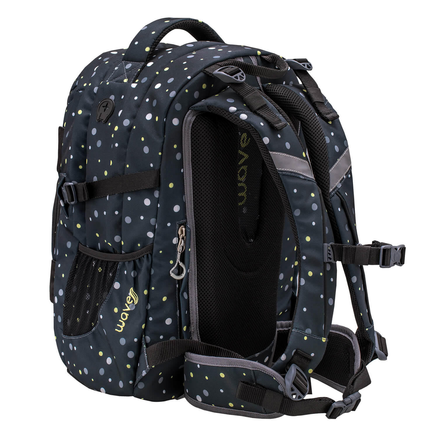 Wave Infinity Black And Yellow Dots school backpack