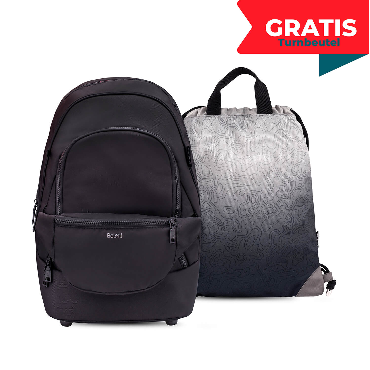 Premium Backpack & Fanny Pack Black Schoolbag 2pcs. with GRATIS Gymbag