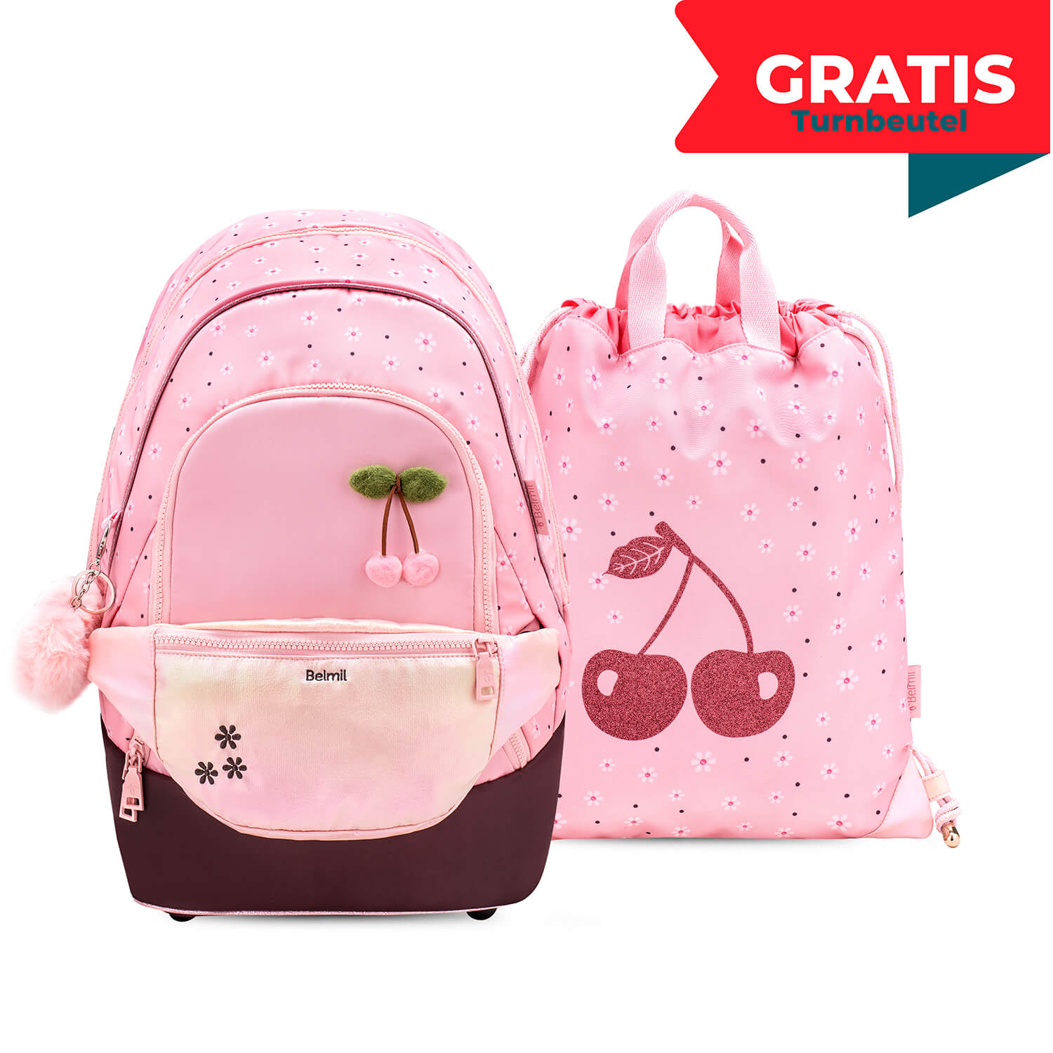 Premium Backpack & Fanny Pack Cherry Blossom Schoolbag 2pcs. with GRATIS Gymbag