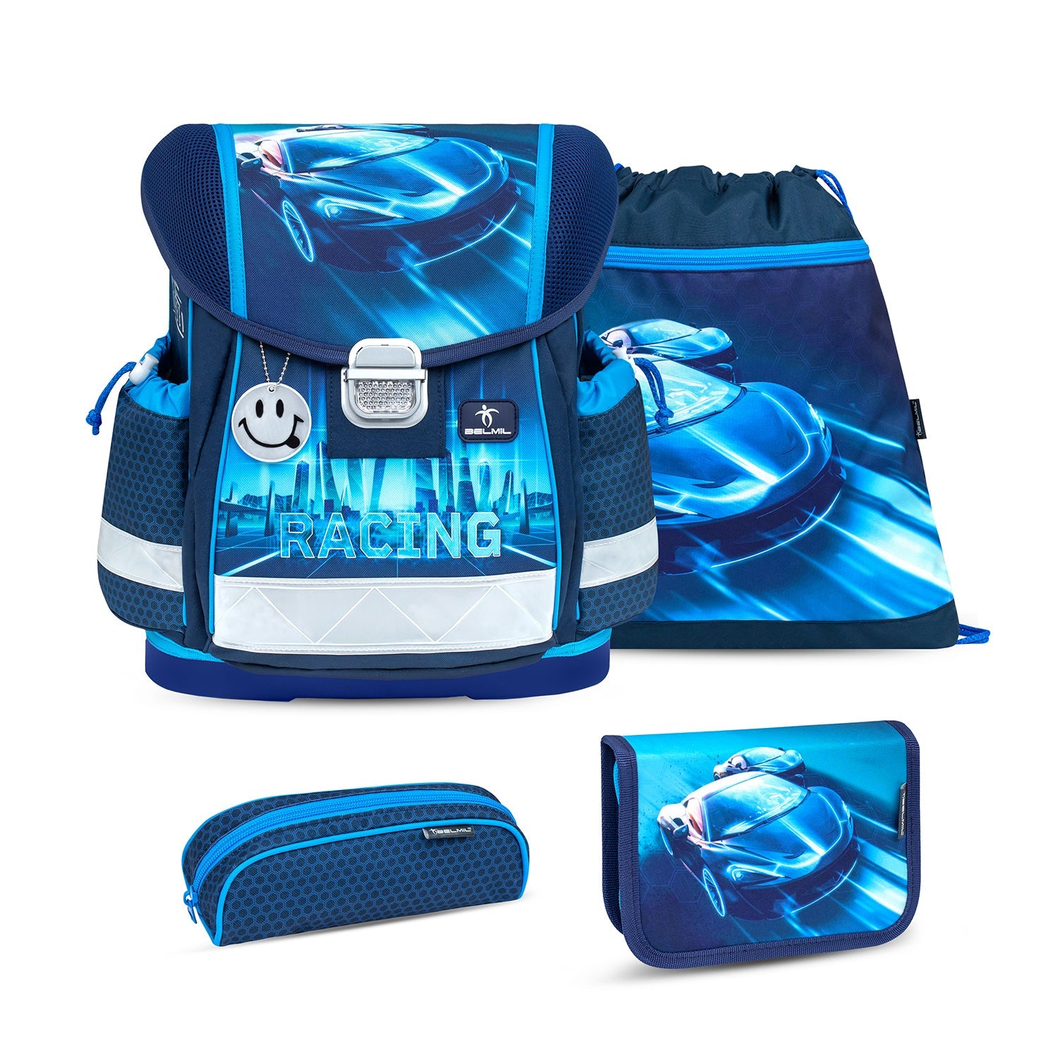 Classy Racing Blue Neon Schulranzen Set 4 tlg.