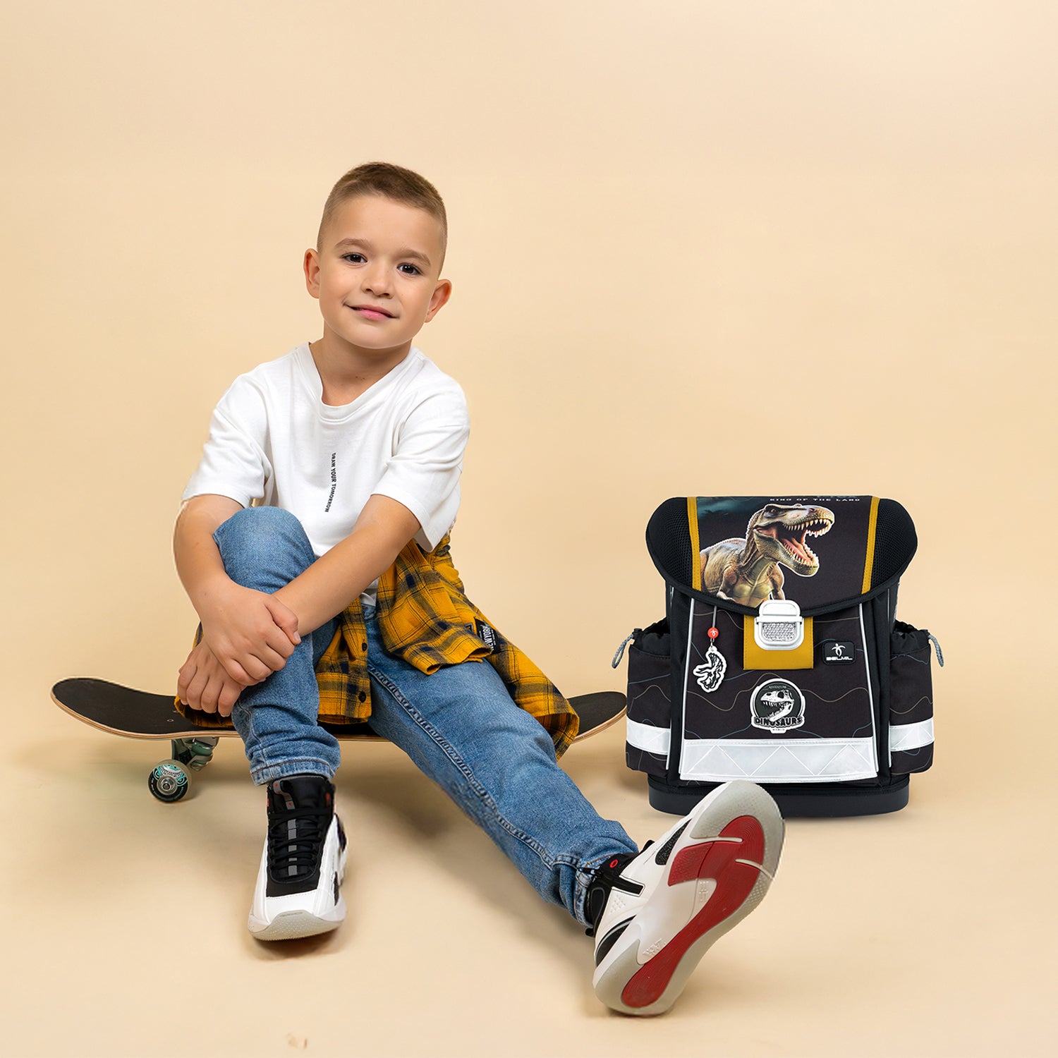 Belmil Classy Ergonomic School Bag Set for Boys “Roar Storm” Design + Dinosaur Raincoat – 5-Piece Back-to-School Bundle