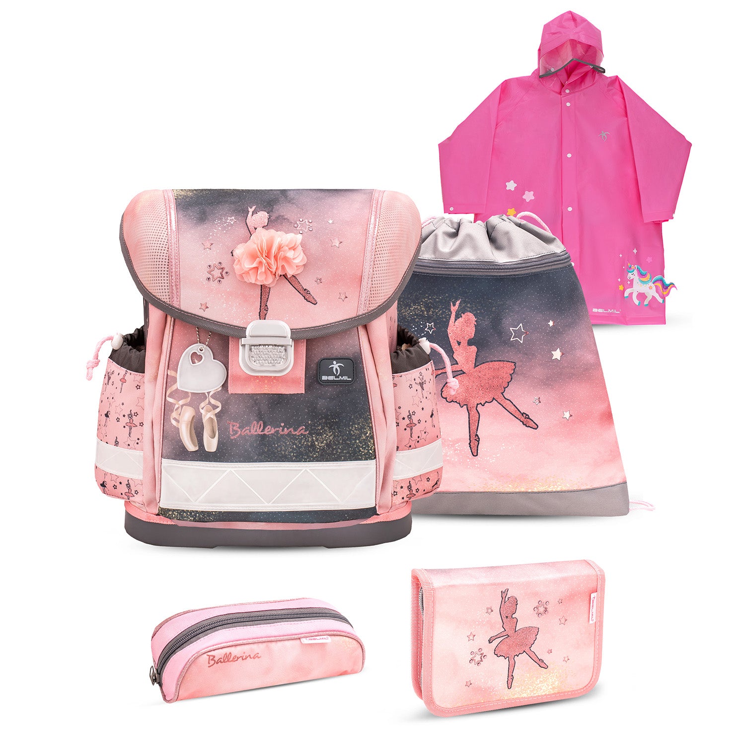 Belmil Classy Ergonomic School Bag Set for Girls 'Ballerina Black Pink' Design + Unicorn Raincoat – 4-Piece Back-to-School Bundle showcasing ergonomic design for comfort and safety.