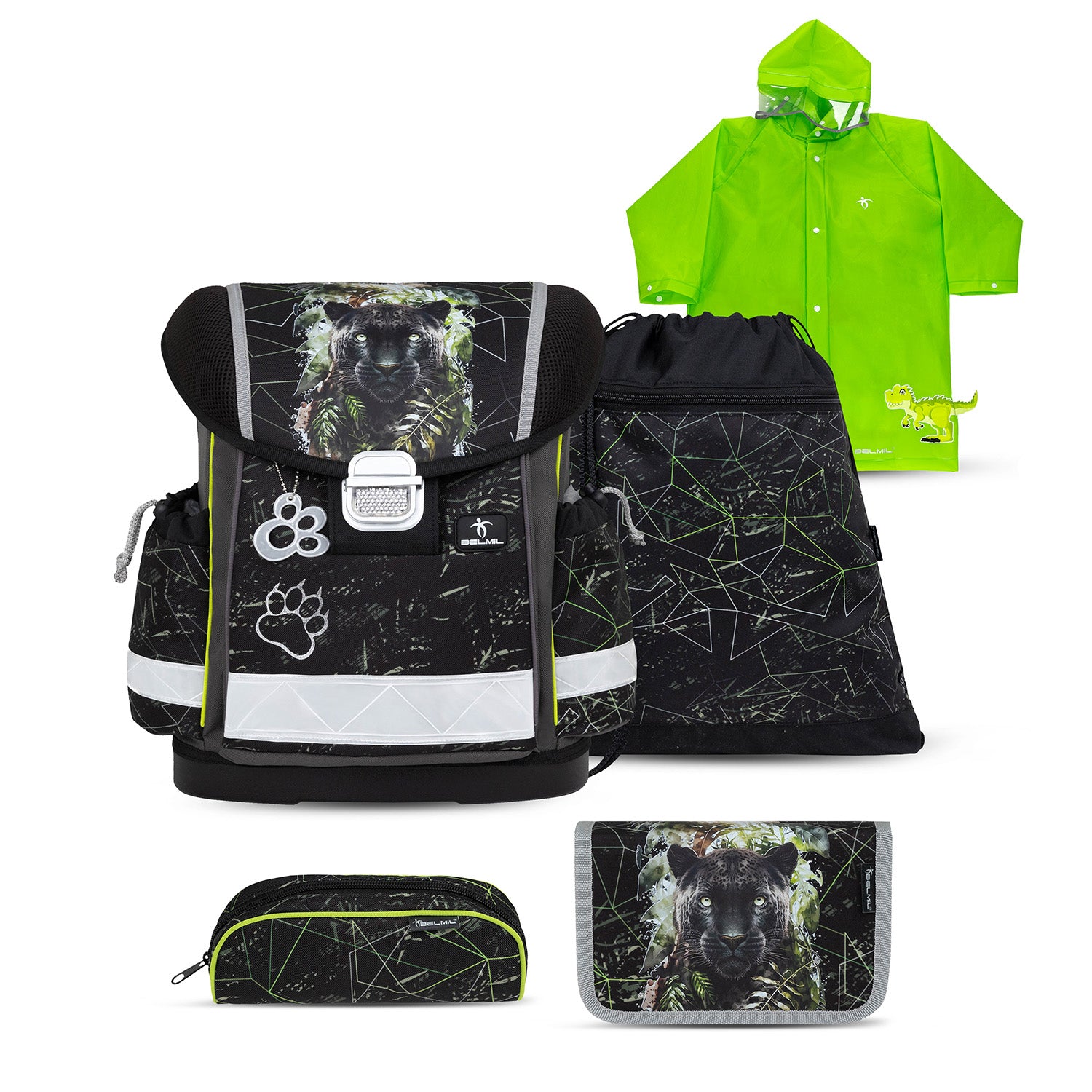 Belmil Classy Ergonomic School Bag Set for Boys “Black Panther” Design + Dinosaur Raincoat – 5-Piece Back-to-School Bundle featuring a stylish backpack with black panther design.