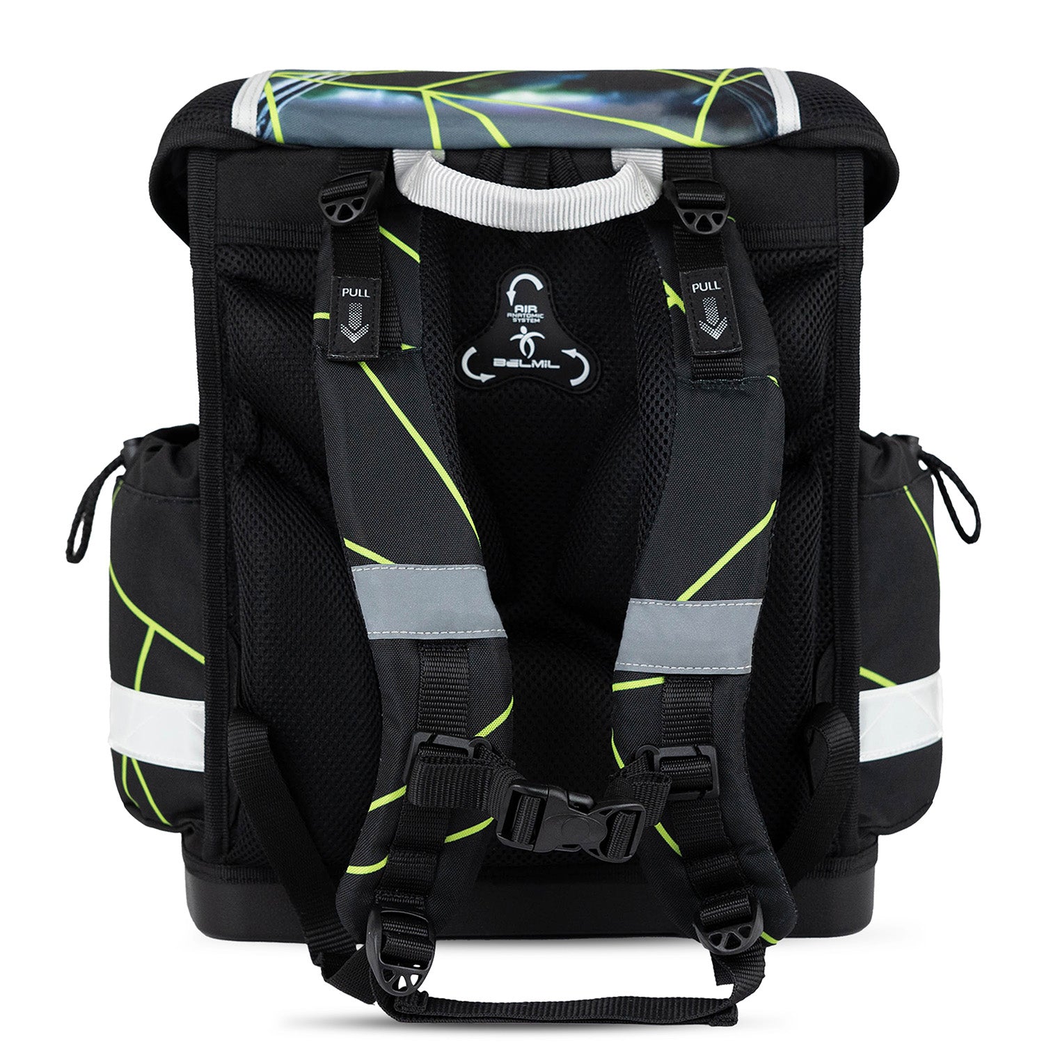 Illustration of the organized layout of the Belmil Classy Ergonomic School Bag Set for Boys “Champion's Kick” Design + Dinosaur Raincoat – 5-Piece Back-to-School Bundle with multiple compartments.