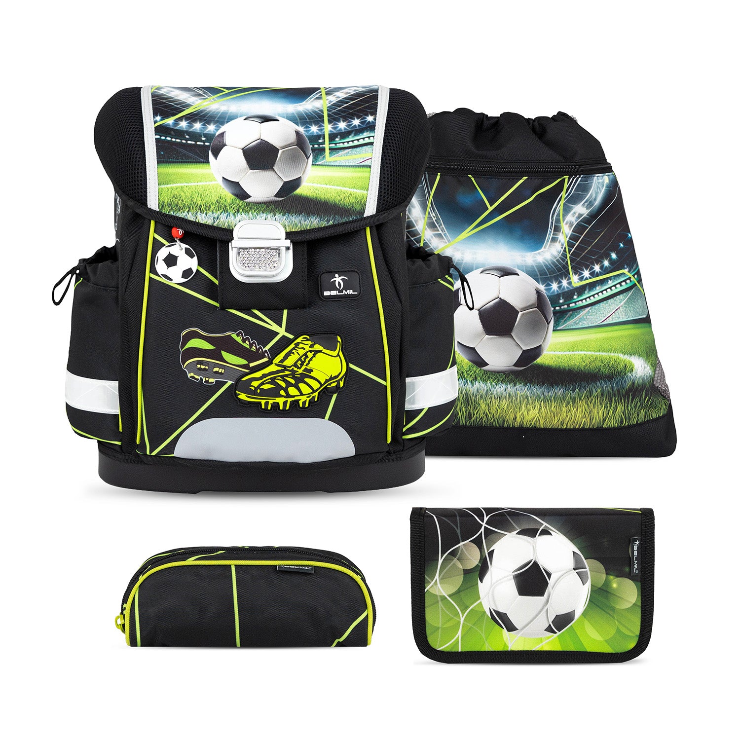 Ergonomic School Bag Set for Boys– Belmil Classy Champion's Kick (4 pcs) featuring a stylish football-field theme design.