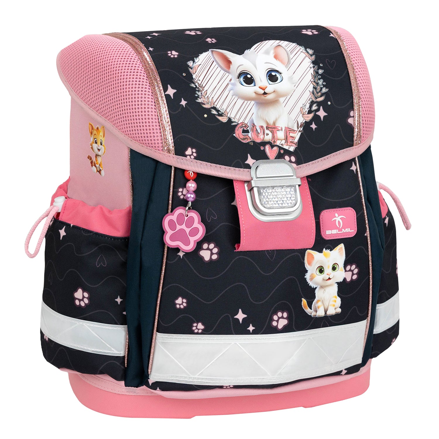 Belmil Classy Ergonomic School Bag Set for Girls “Cute Kitten Pinky” Design + Unicorn Raincoat – 5-Piece Back-to-School Bundle