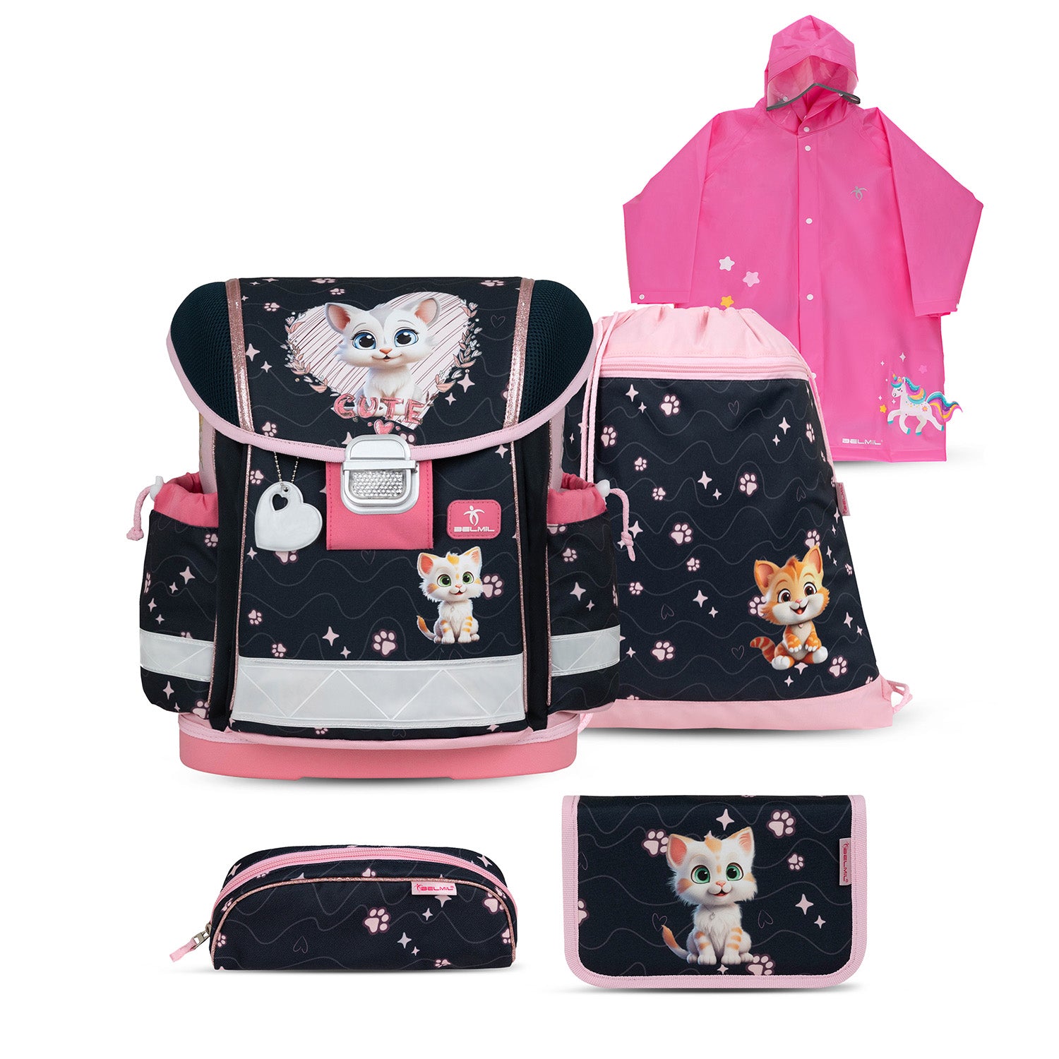 Belmil Classy Ergonomic School Bag Set for Girls 'Cute Kitten' Design featuring a lightweight backpack, perfect for back-to-school.