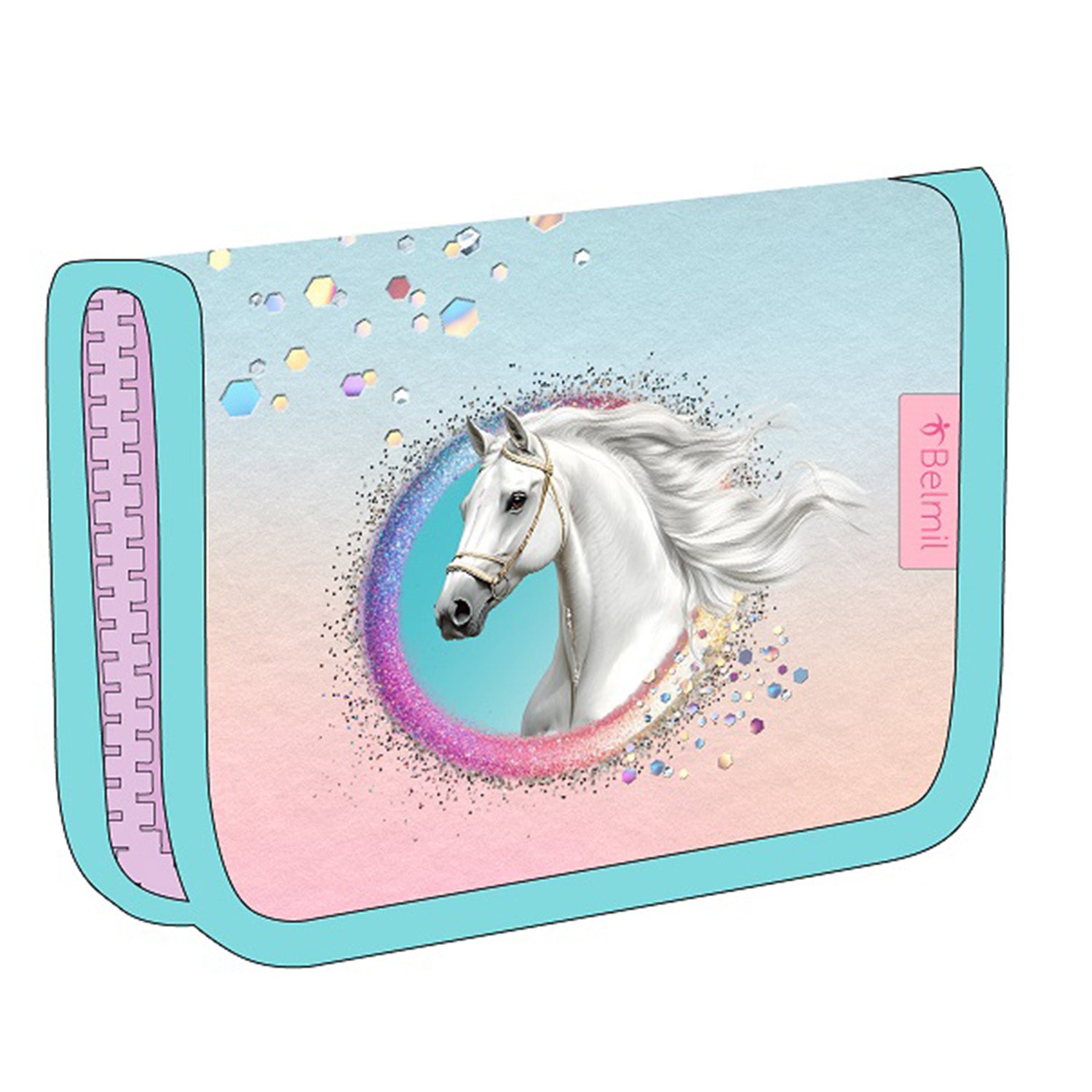 Complete Ergonomic School Bag Set for Girls – Belmil Classy Dream Hooves - Pinky (4 pcs) including a drawstring bag and pencil cases.