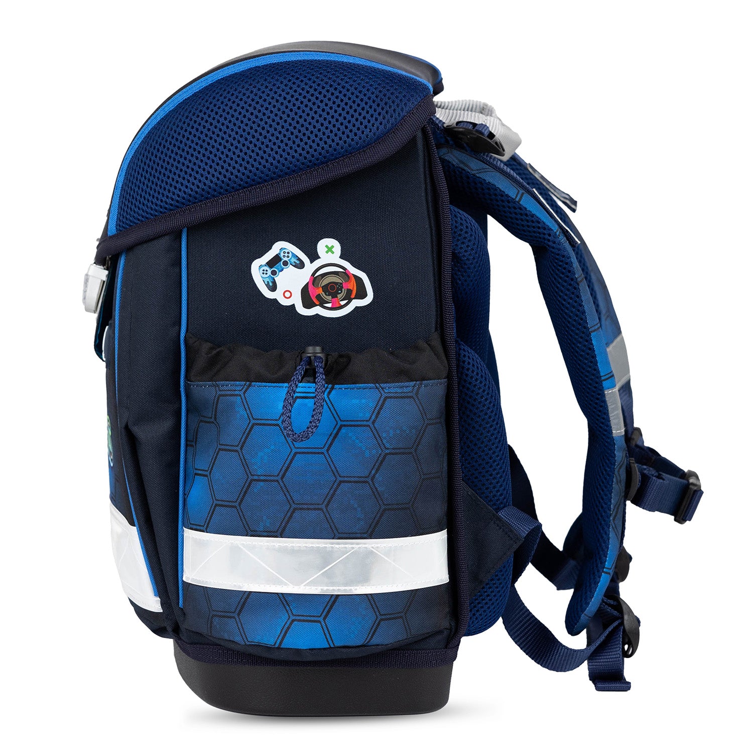 The spacious interior of the Ergonomic School Bag Set for Boys– Belmil Classy Game On! (4 pcs) featuring multiple compartments and side pockets for organization.