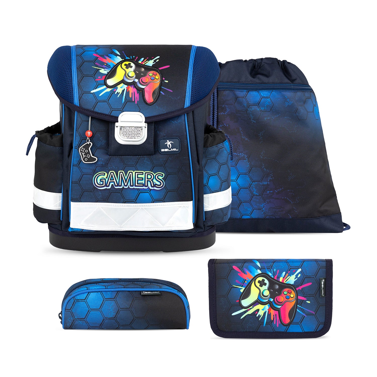 Ergonomic School Bag Set for Boys– Belmil Classy Game On! (4 pcs) featuring a colorful gaming-themed design with controller graphics.