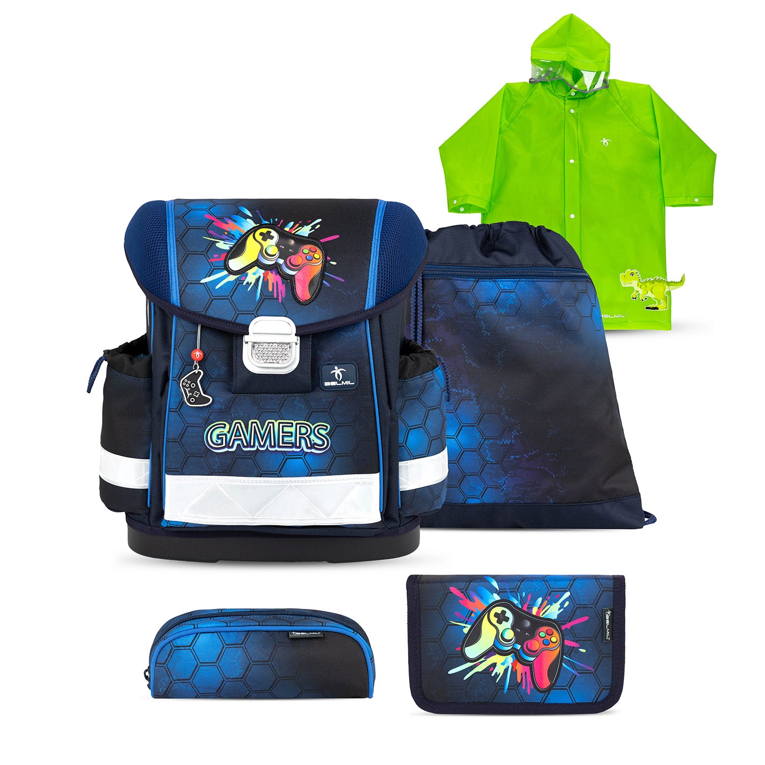 Belmil Classy Ergonomic School Bag Set for Boys “Game On!” Design + Dinosaur Raincoat – 5-Piece Back-to-School Bundle in dark blue with hexagon pattern and vibrant gamer graphics.