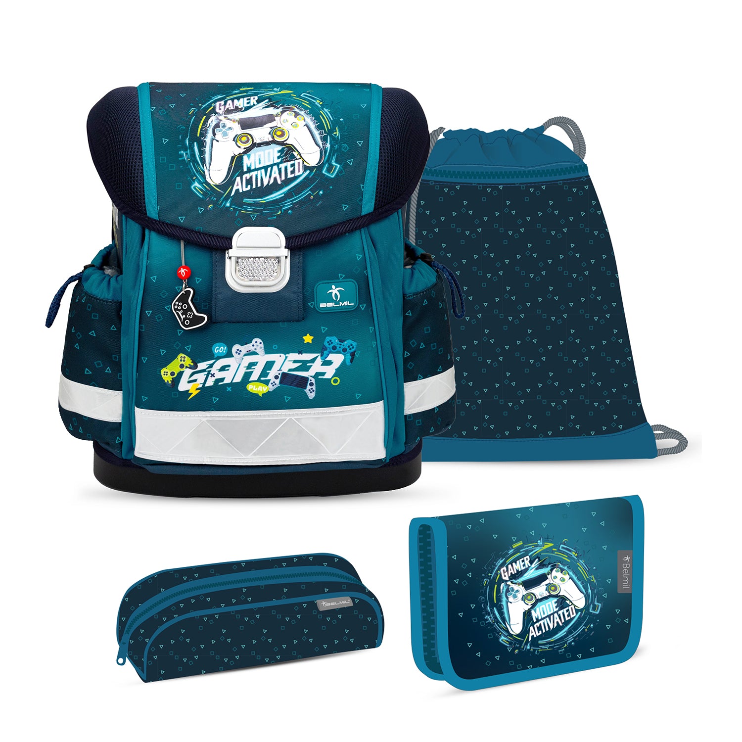 Ergonomic School Bag Set for Boys– Belmil Classy Game Zone (4 pcs) featuring vibrant gamer graphics and modern design.