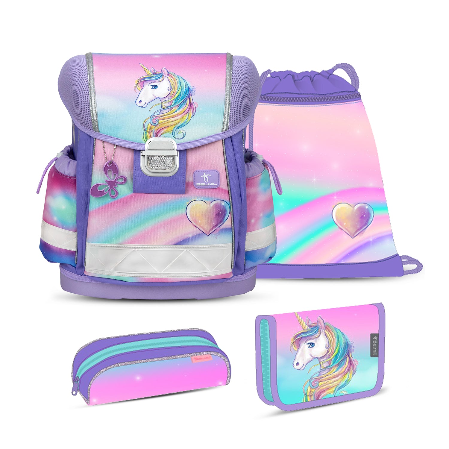 Ergonomisches Schulranzen-Set für Mädchen – Belmil Classy Heart of the Rainbow (4-tlg.)