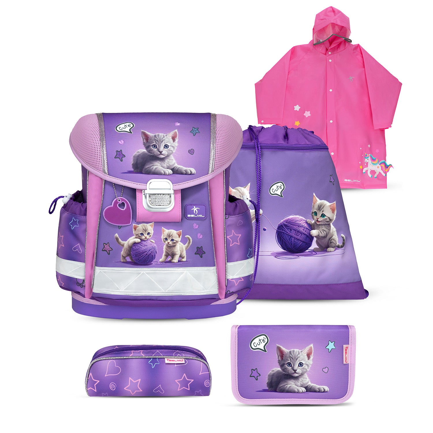 Belmil Classy Ergonomic School Bag Set for Girls “Little Kittens” Design + Unicorn Raincoat – 5-Piece Back-to-School Bundle featuring a cute kitten print with purple and pink accents.