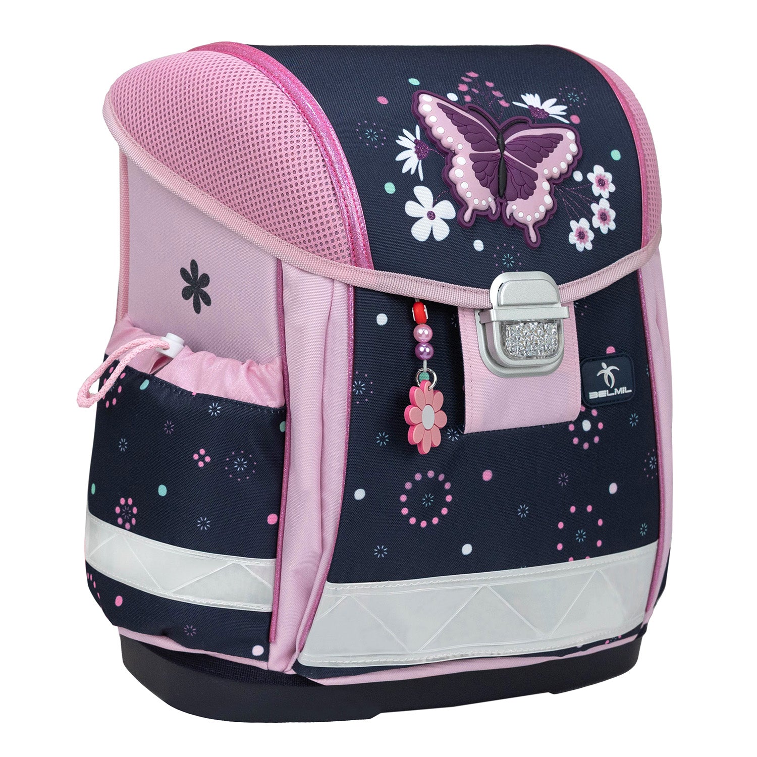 Inside compartments of the Ergonomic School Bag Set for Girls – Belmil Classy Midnight Butterfly (4 pcs) displaying organization features for school supplies.
