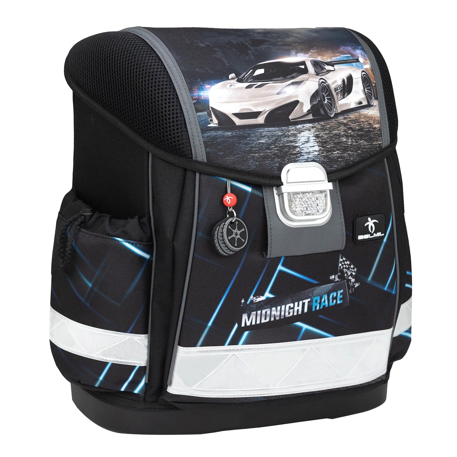 Close-up of the Ergonomic School Bag Set for Boys– Belmil Classy Midnight Turbo (4 pcs) demonstrating the reflective elements for safety.