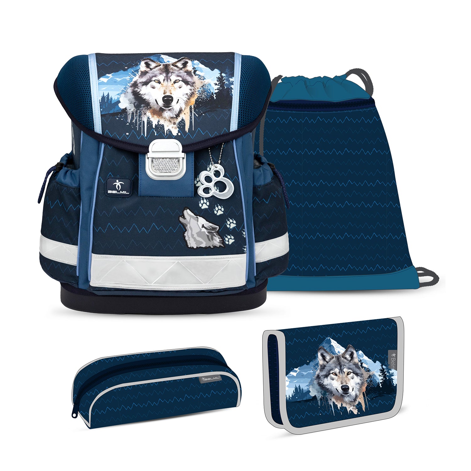 Ergonomic School Bag Set for Boys– Belmil Classy Northern Alpha (4 pcs) featuring an ergonomic design with padded straps and a stylish arctic wolf theme.
