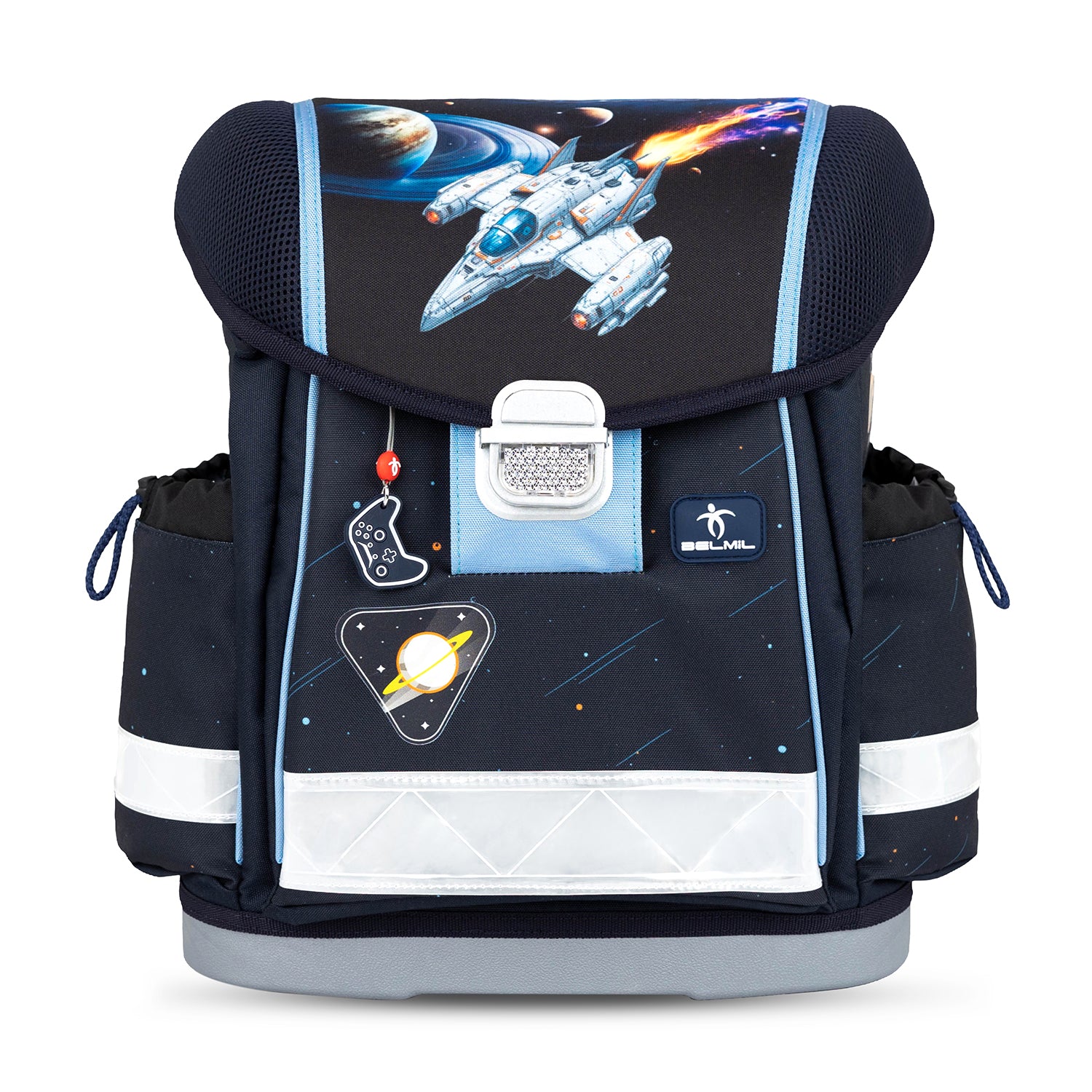 The light blue and white accents on the Belmil Classy Ergonomic School Bag Set for Boys “Orion” Design + Dinosaur Raincoat – 5-Piece Back-to-School Bundle, perfect for young explorers.