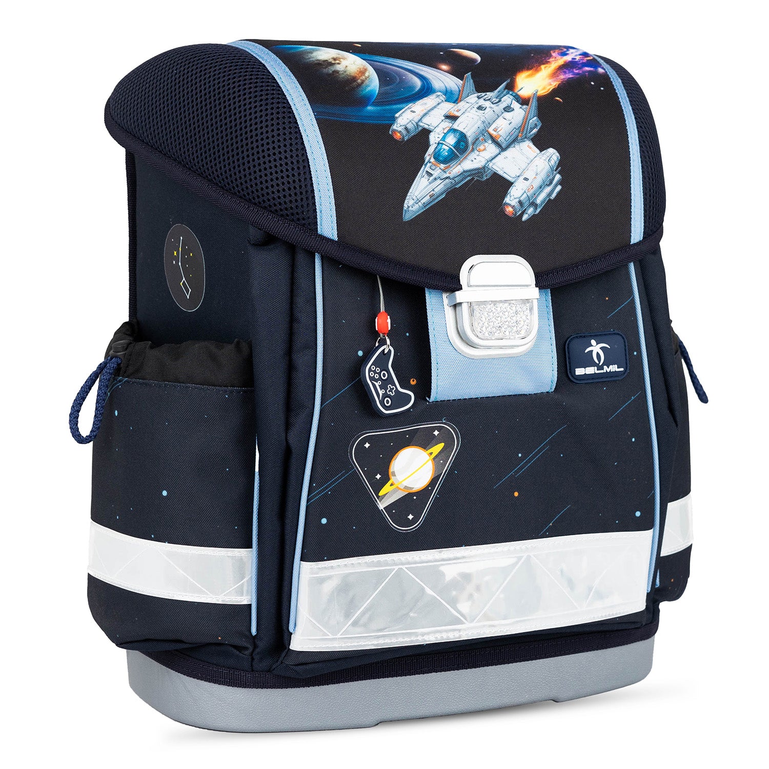 Belmil Classy Ergonomic School Bag Set for Boys “Orion” Design + Dinosaur Raincoat – 5-Piece Back-to-School Bundle featuring an ergonomic design with padded shoulder straps for comfort.