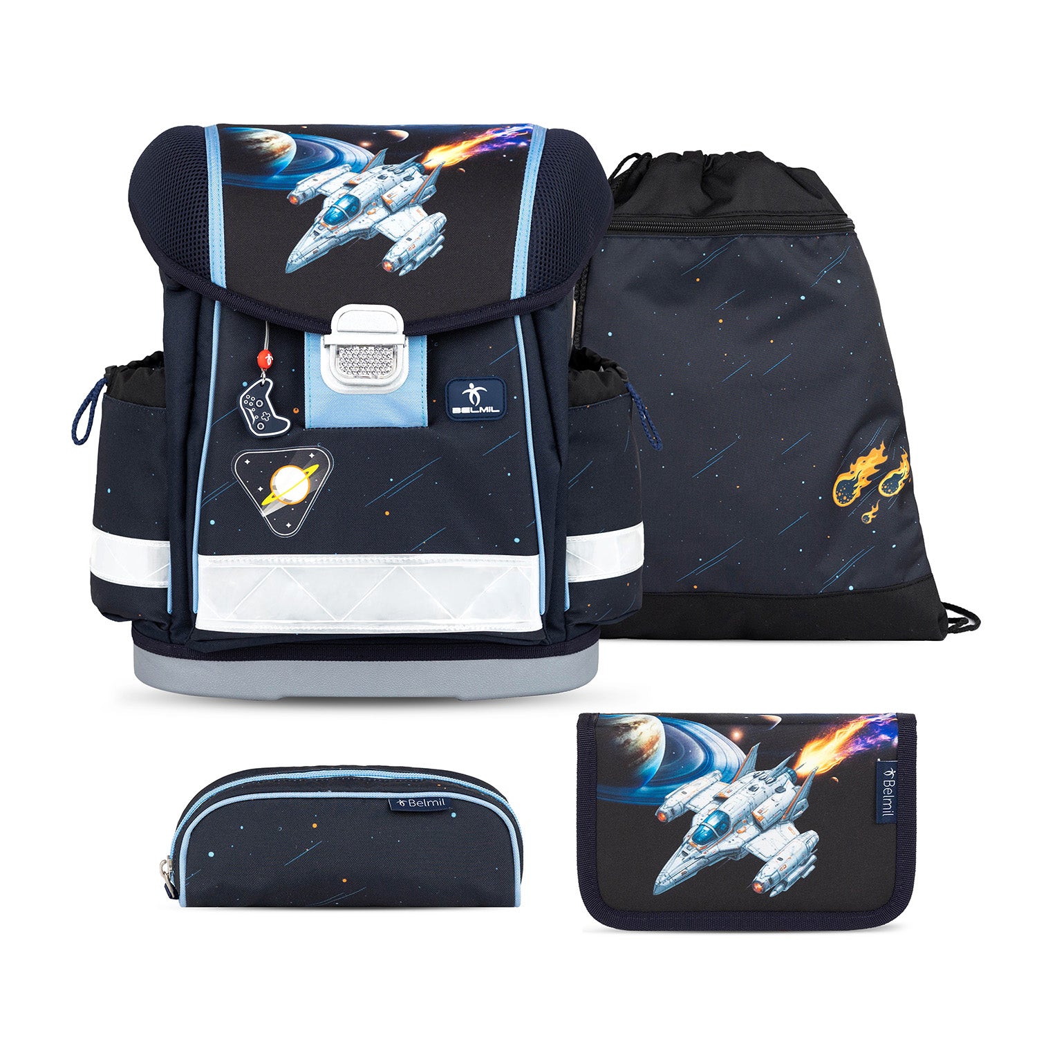 Ergonomic School Bag Set for Boys– Belmil Classy Orion (4 pcs) featuring a spacious backpack with a stylish space-themed design.