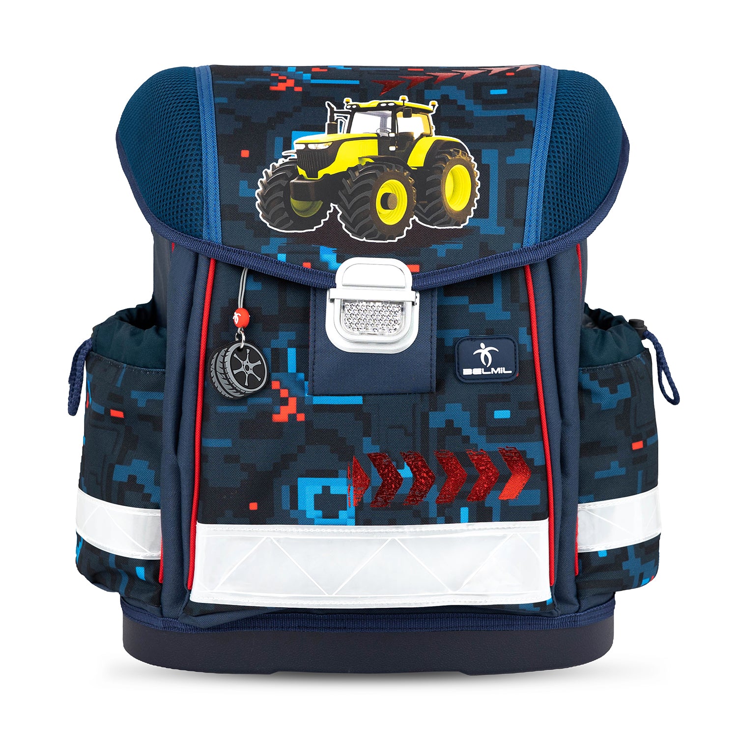 Complete view of Belmil Classy Ergonomic School Bag Set for Boys “PixelTrak” Design + Dinosaur Raincoat – 5-Piece Back-to-School Bundle including gym bag and pencil cases.