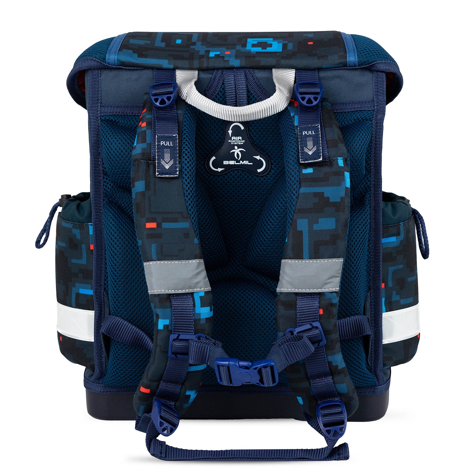 Ergonomic padded shoulder straps of the Belmil Classy Ergonomic School Bag Set for Boys “PixelTrak” Design + Dinosaur Raincoat – 5-Piece Back-to-School Bundle.