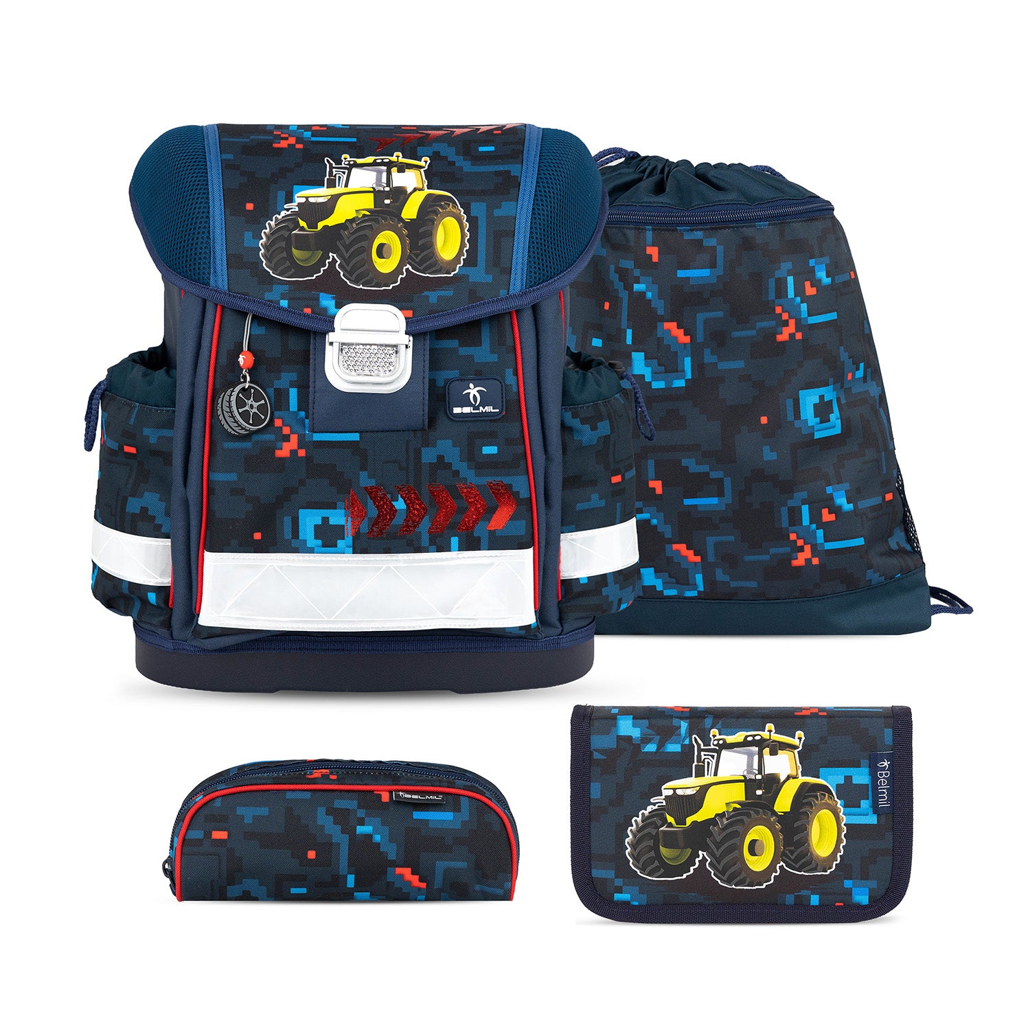 Ergonomic School Bag Set for Boys– Belmil Classy PixelTrak (4 pcs) showcasing vibrant pixel-art inspired design with a bold tractor graphic.