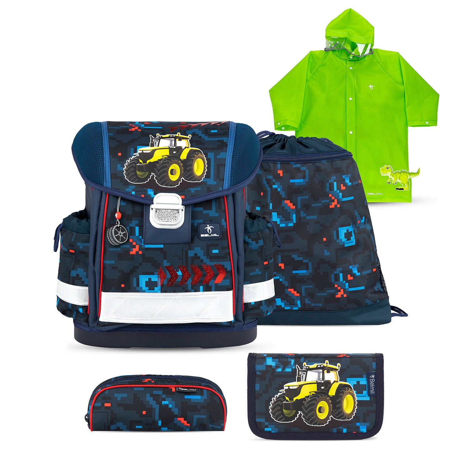 Belmil Classy Ergonomic School Bag Set for Boys “PixelTrak” Design + Dinosaur Raincoat – 5-Piece Back-to-School Bundle featuring a dark blue school bag with pixelated patterns.