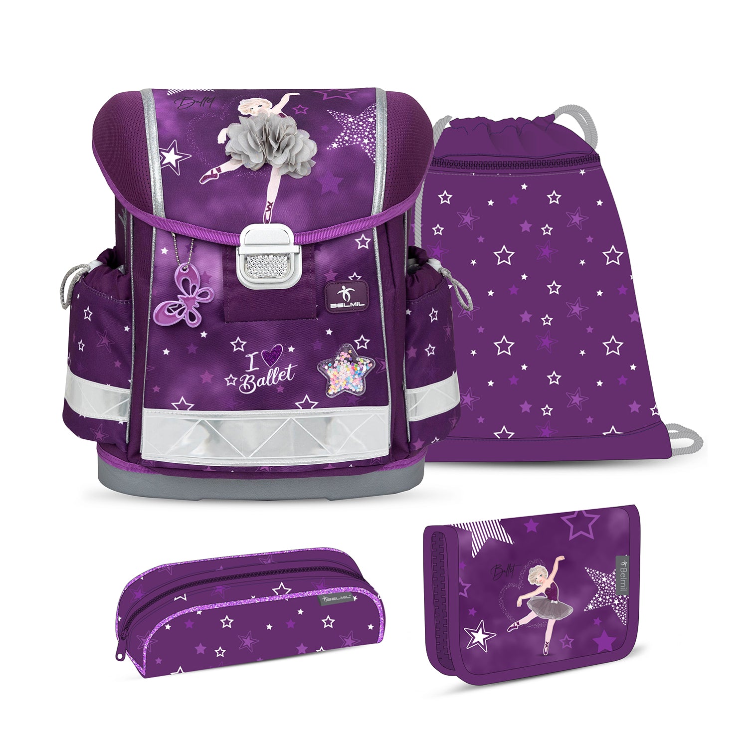 Ergonomic School Bag Set for Girls – Belmil Classy Prima Star (4 pcs) includes a stylish purple school bag featuring a ballerina design.