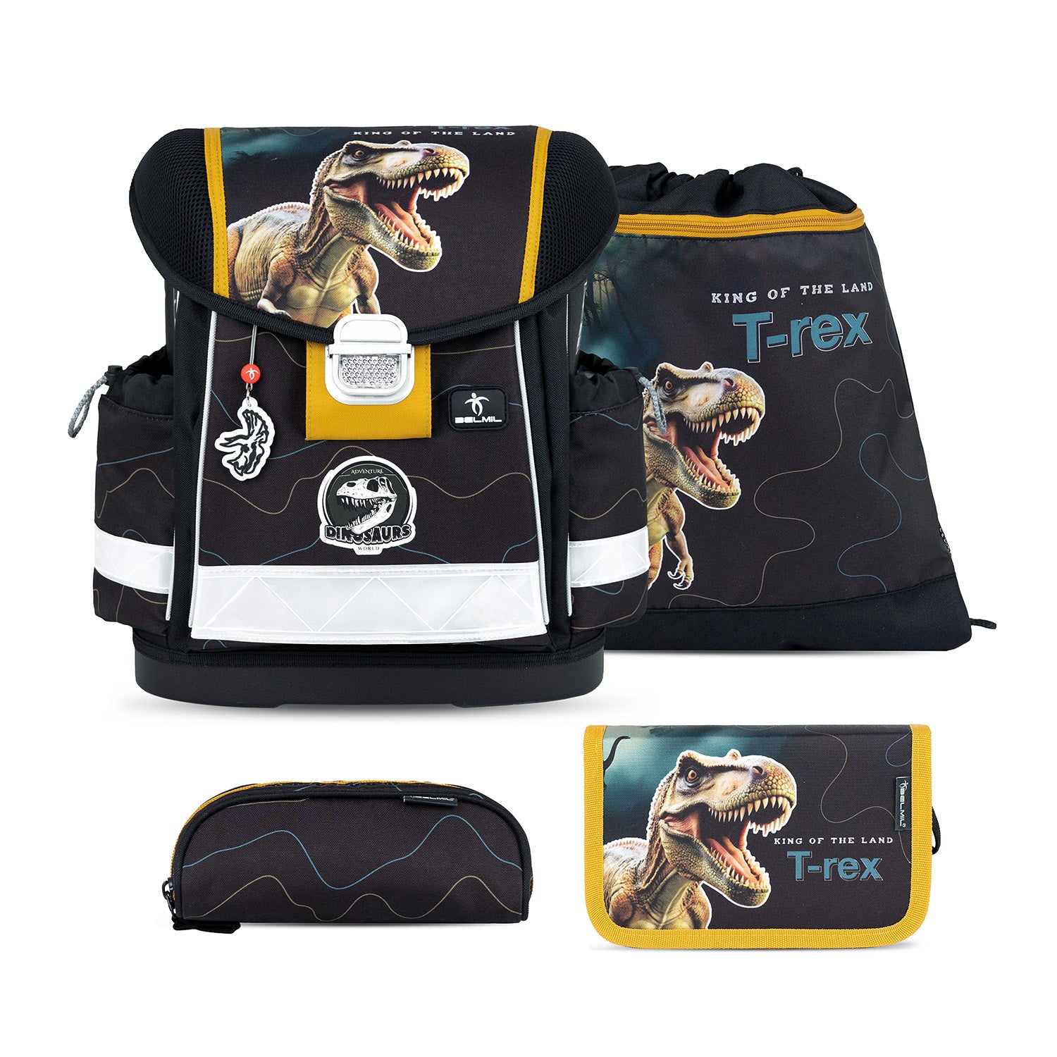 Ergonomic School Bag Set for Boys– Belmil Classy Roar Storm (4 pcs) featuring a stylish dynamic dinosaur design.